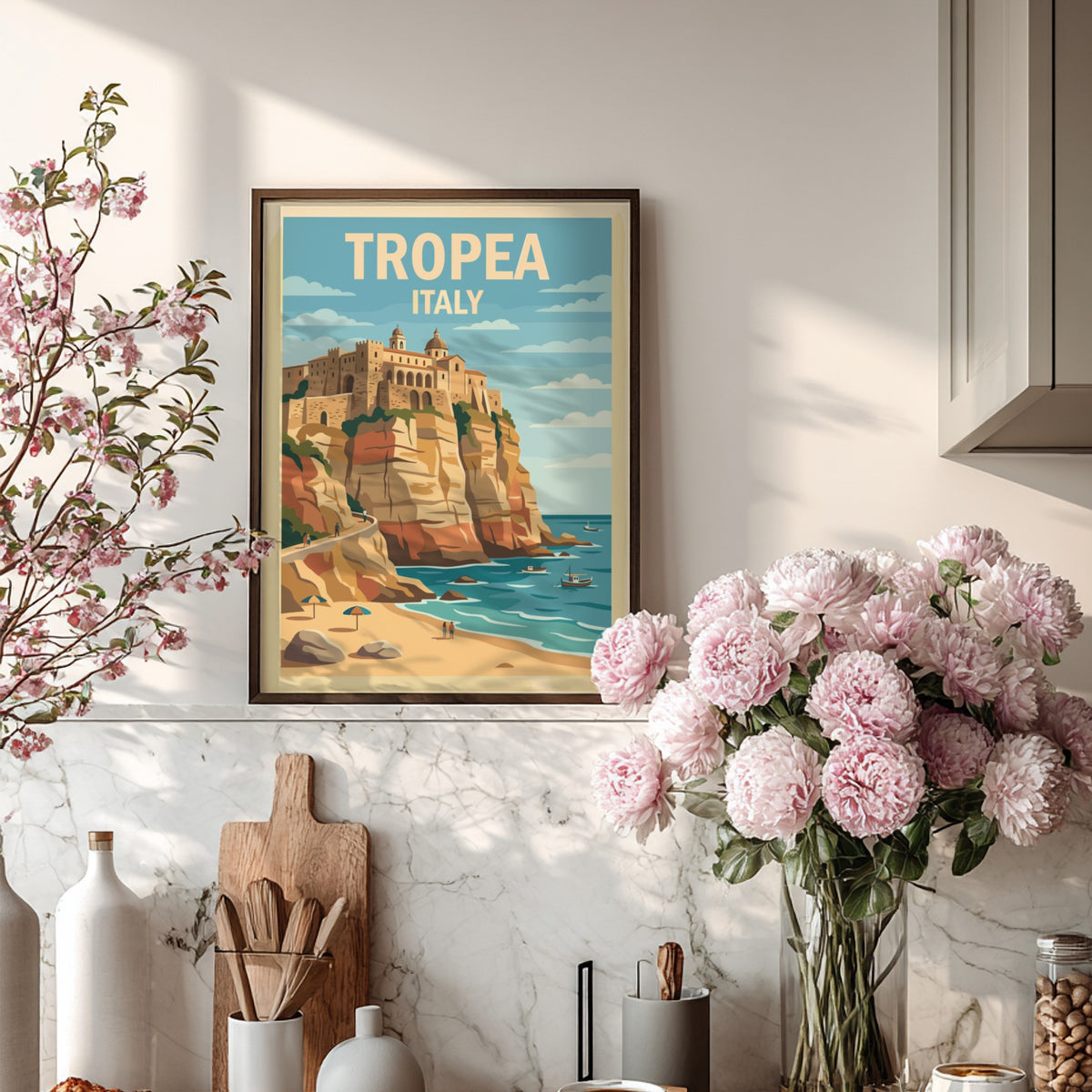 Poster of Tropea Italy featuring a historic town on a cliff above turquoise water.