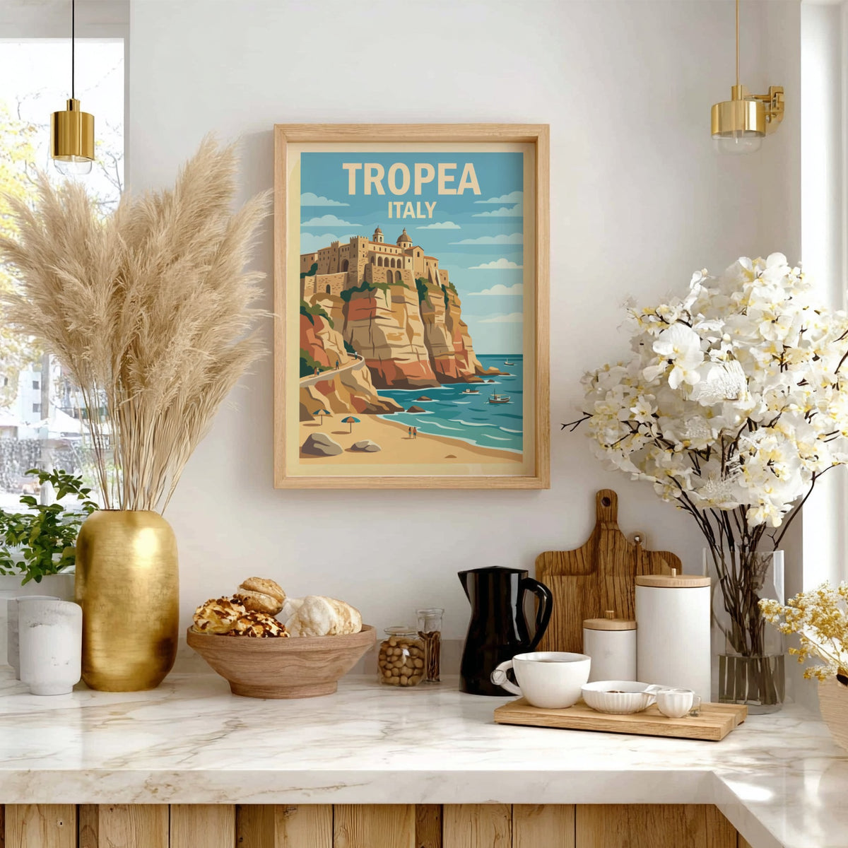 Poster of Tropea Italy featuring a historic town on a cliff above turquoise water.