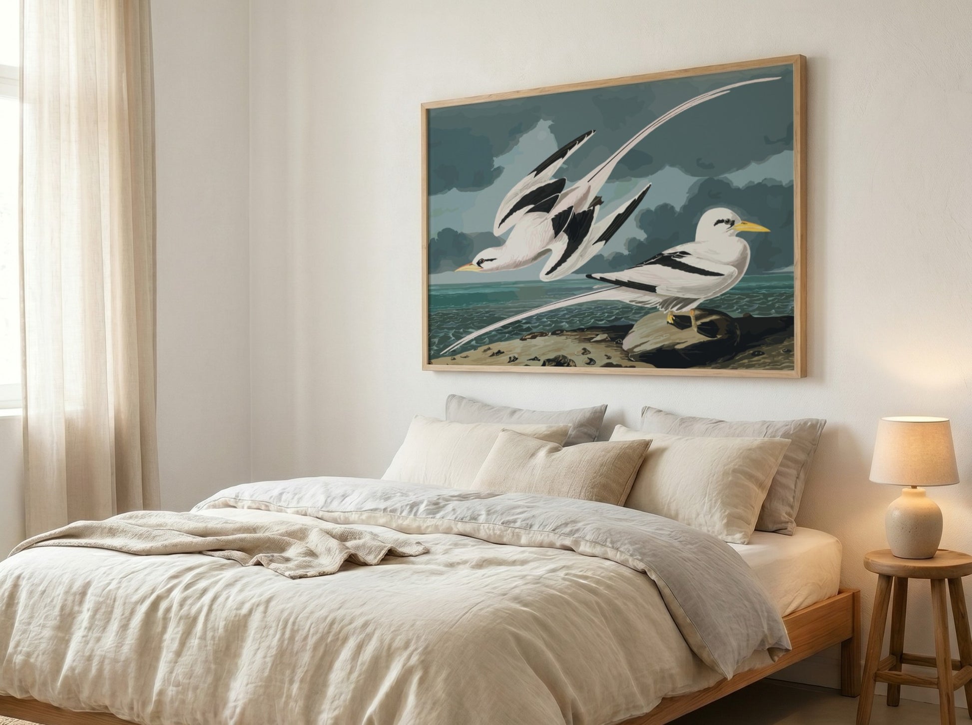 Tropic Bird poster featuring elegant birds in flight, vintage style, soft pastels and rich blues, perfect for