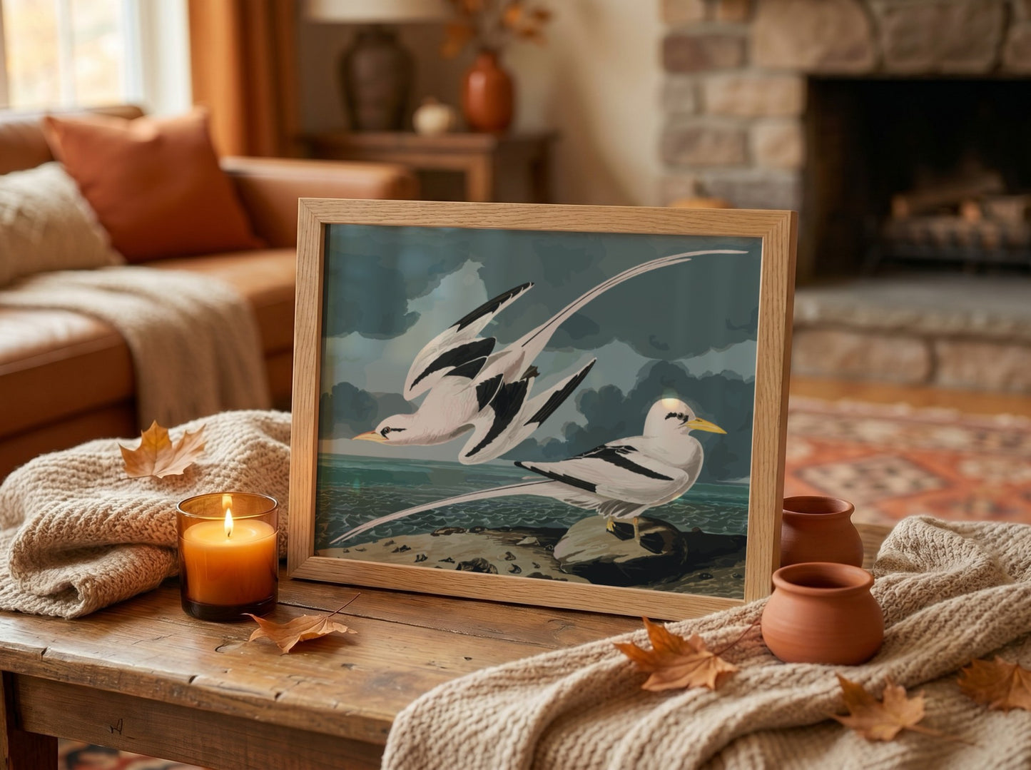 Tropic Bird poster featuring elegant birds in flight, vintage style, soft pastels and rich blues, perfect for