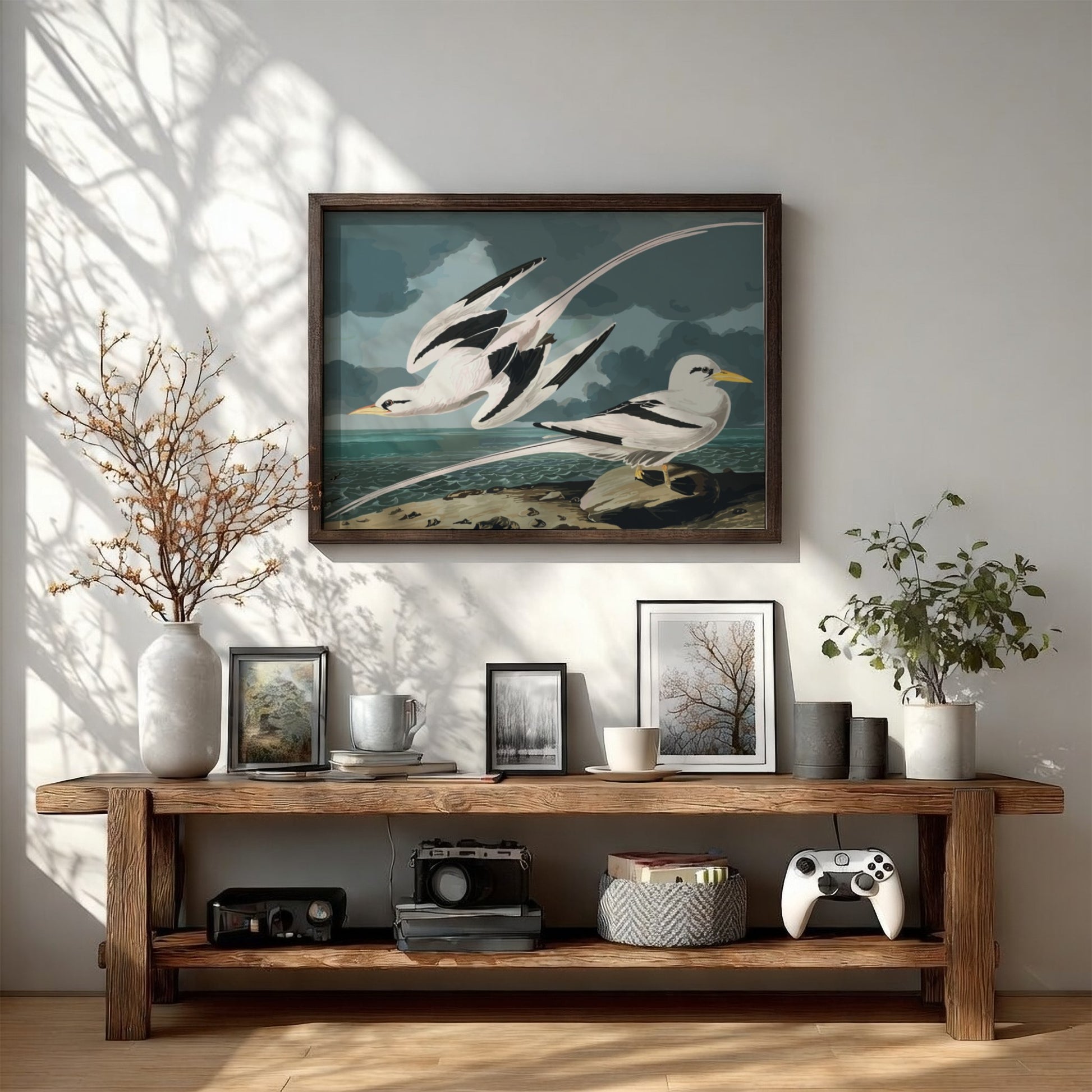 Tropic Bird poster featuring elegant birds in flight, vintage style, soft pastels and rich blues, perfect for