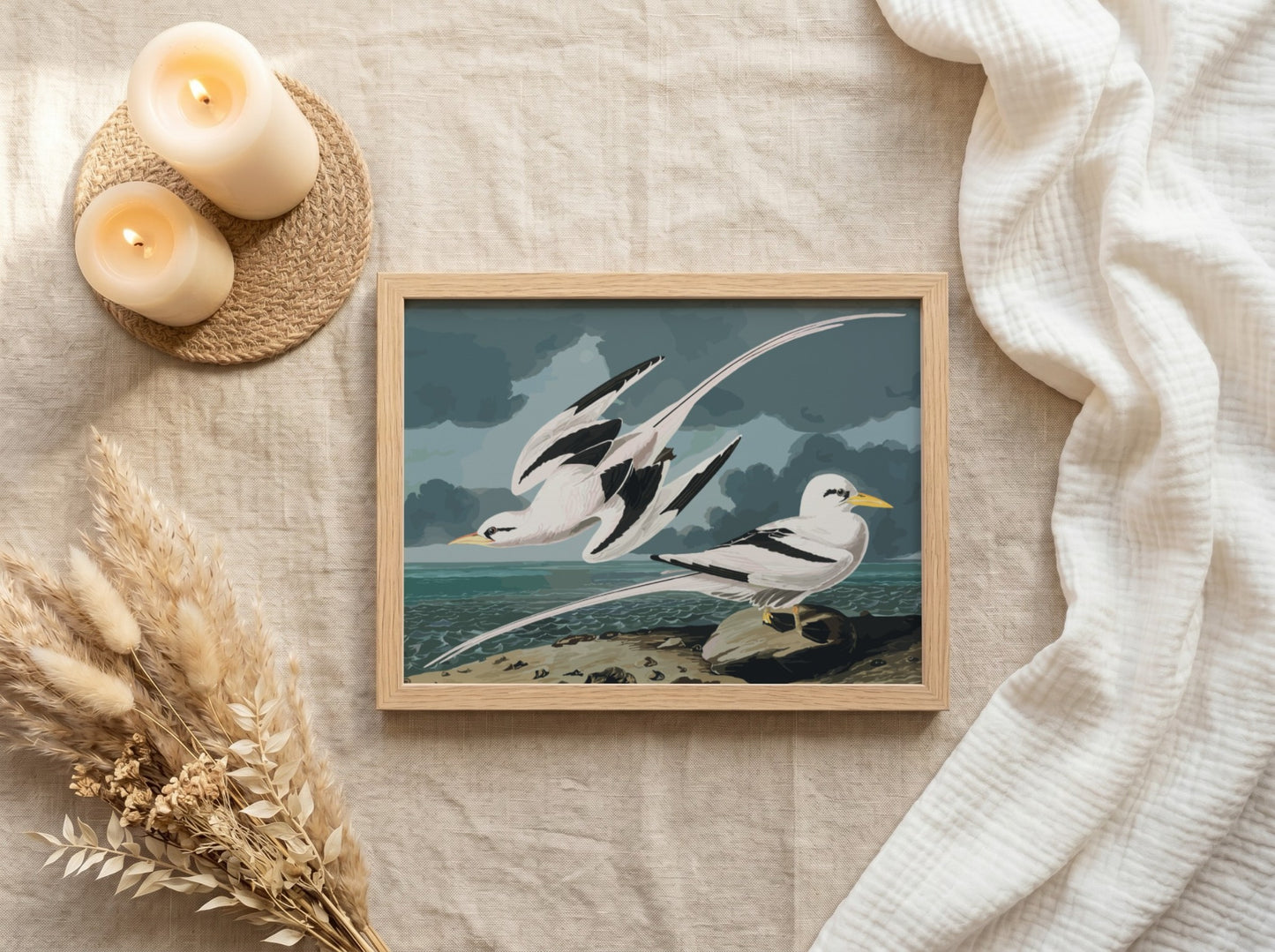 Tropic Bird poster featuring elegant birds in flight, vintage style, soft pastels and rich blues, perfect for