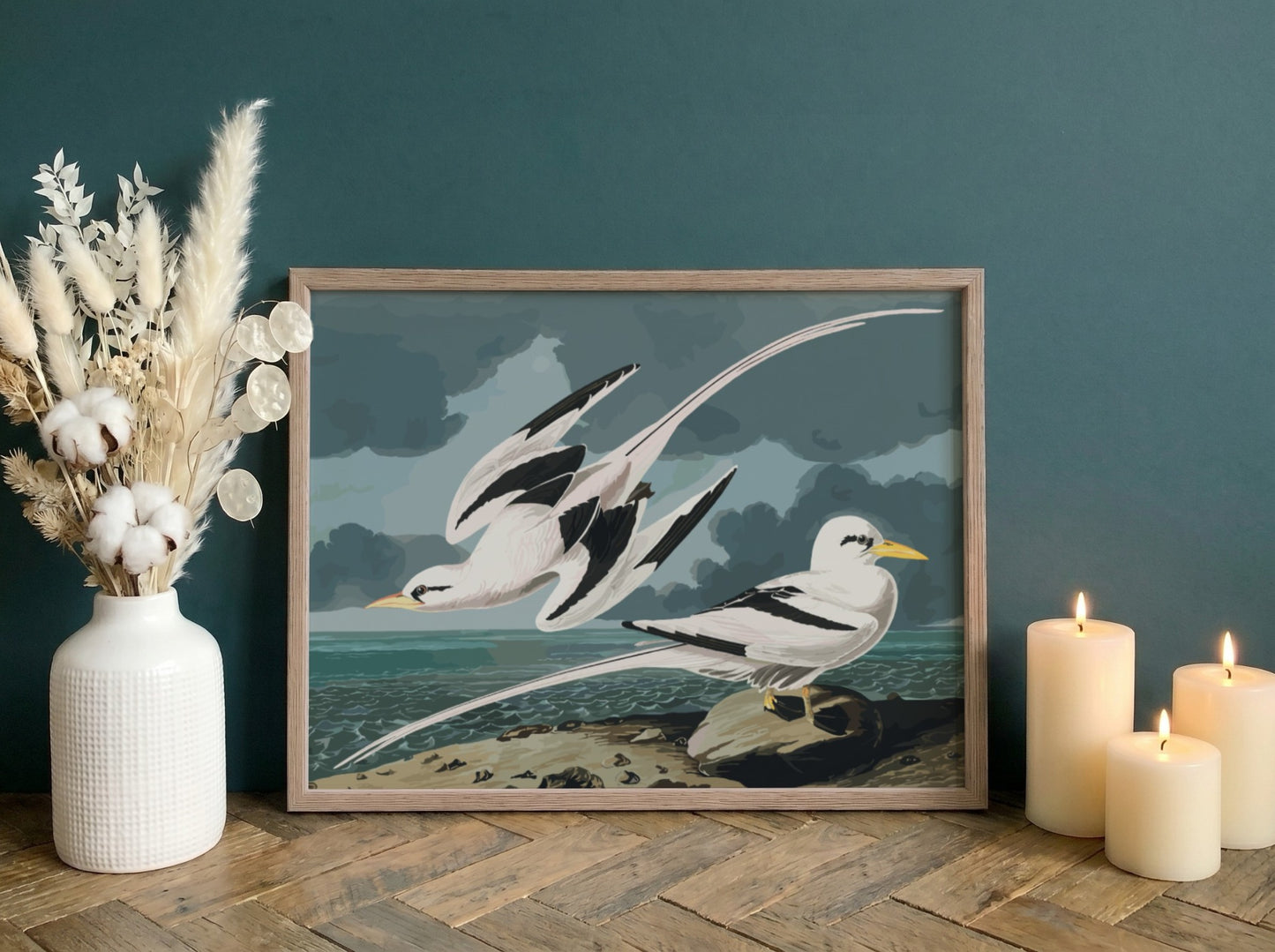 Tropic Bird poster featuring elegant birds in flight, vintage style, soft pastels and rich blues, perfect for