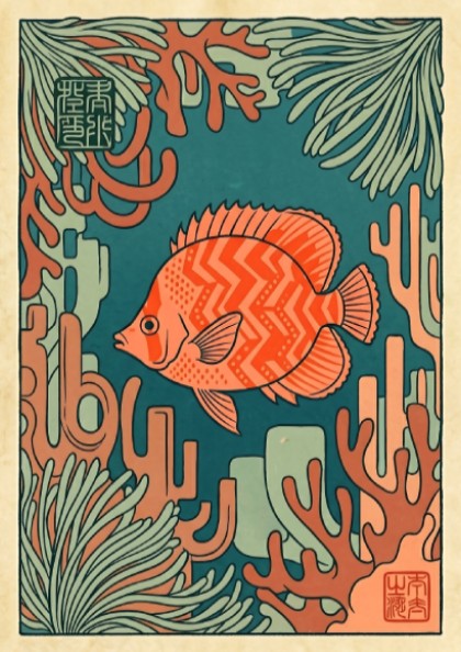 Japanese art style poster featuring a tropical fish and coral in vibrant colors