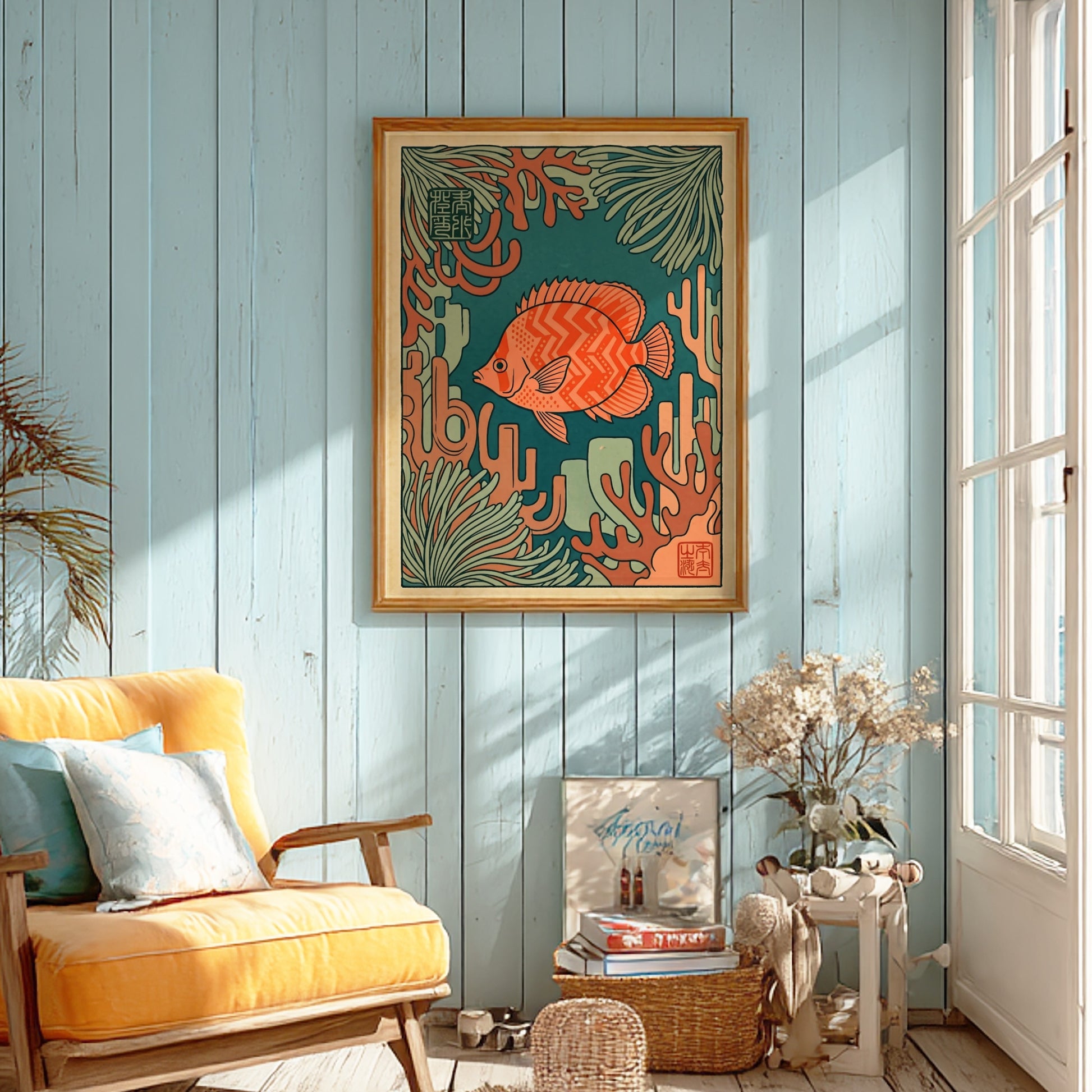 Japanese art style poster featuring a tropical fish and coral in vibrant colors
