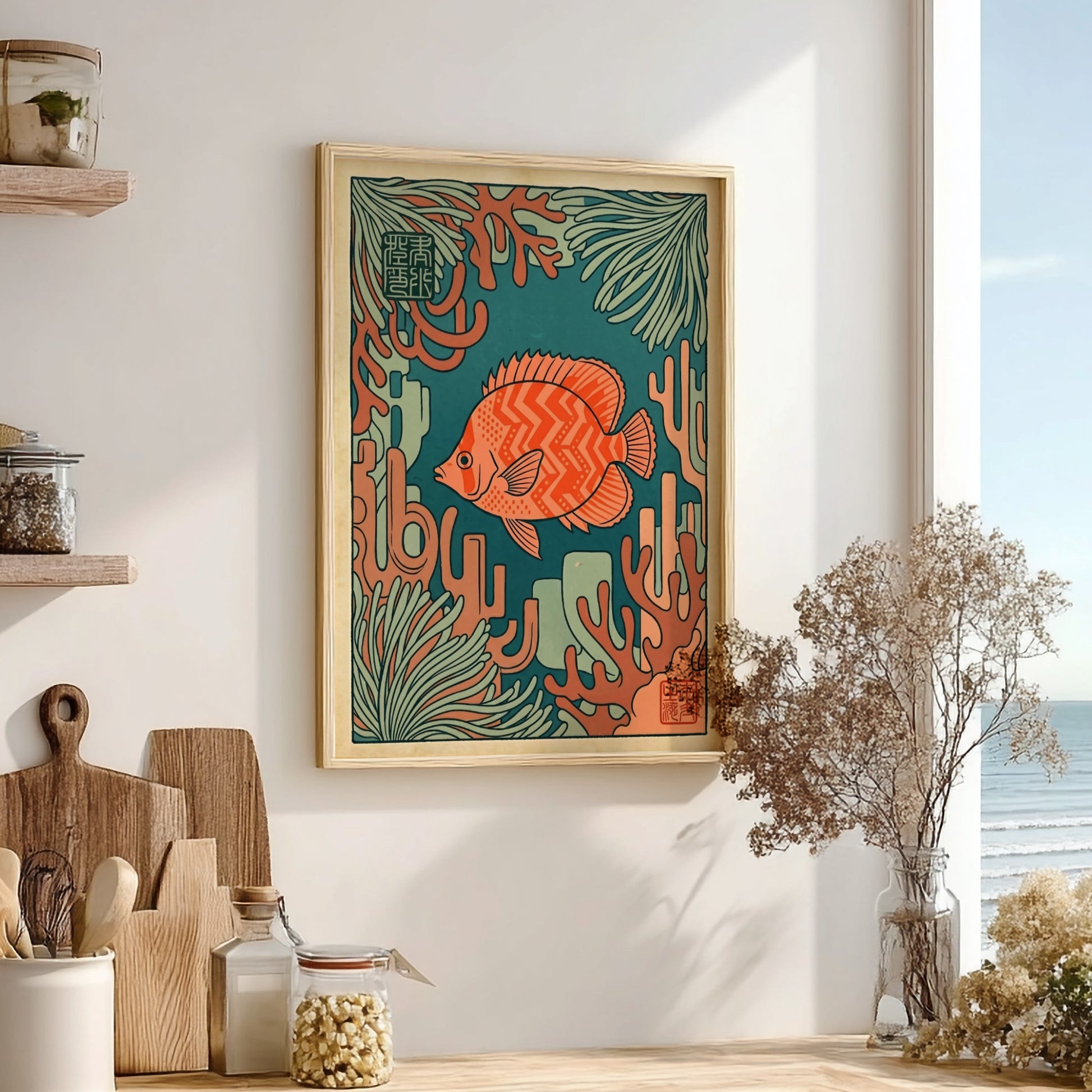 Japanese art style poster featuring a tropical fish and coral in vibrant colors
