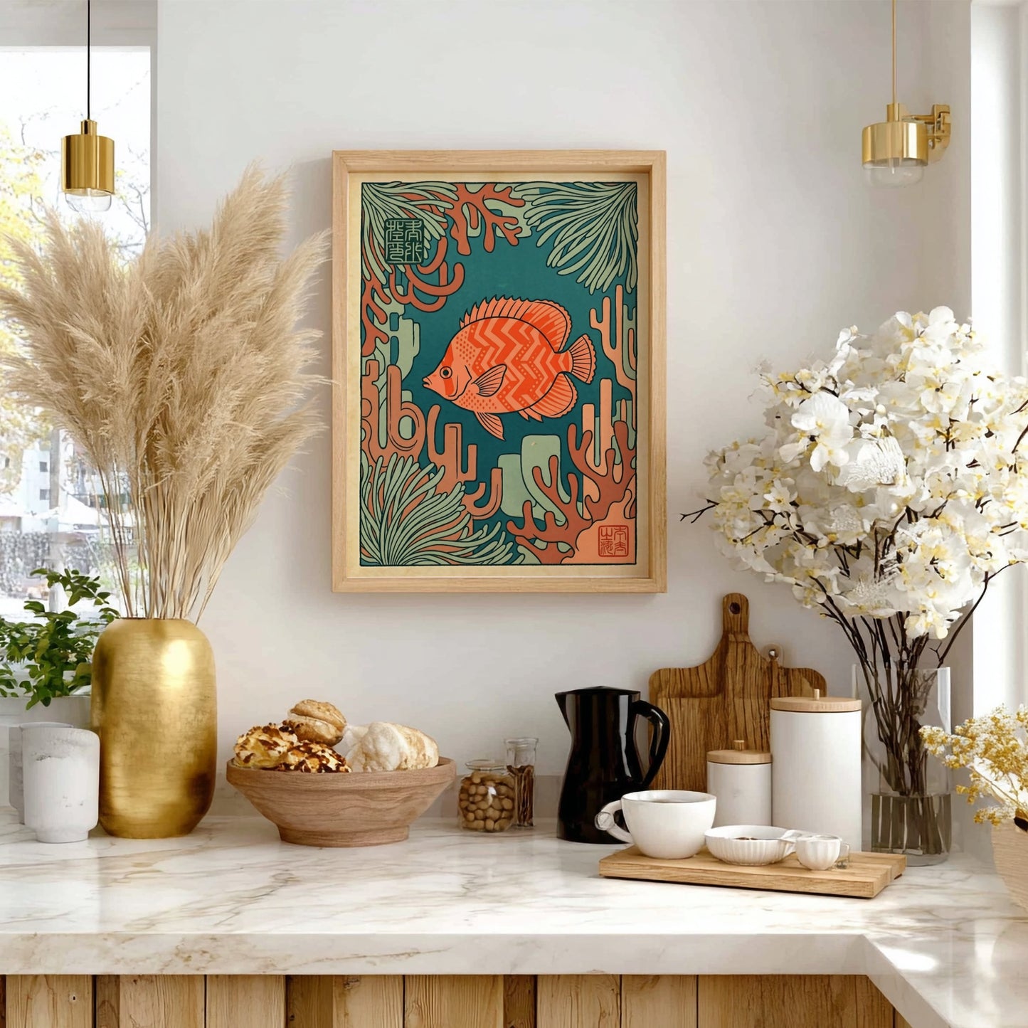 Japanese art style poster featuring a tropical fish and coral in vibrant colors