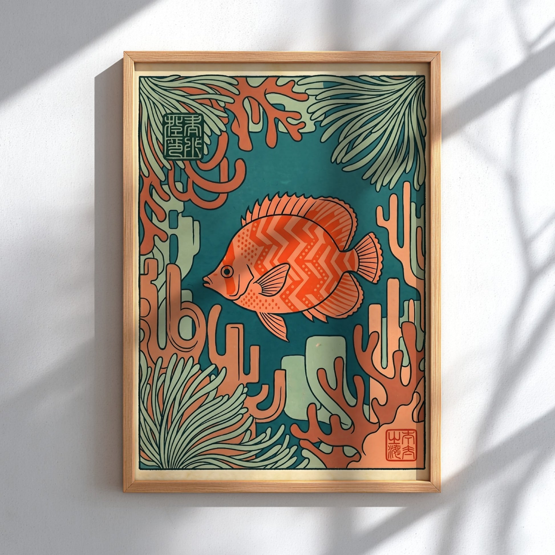 Japanese art style poster featuring a tropical fish and coral in vibrant colors