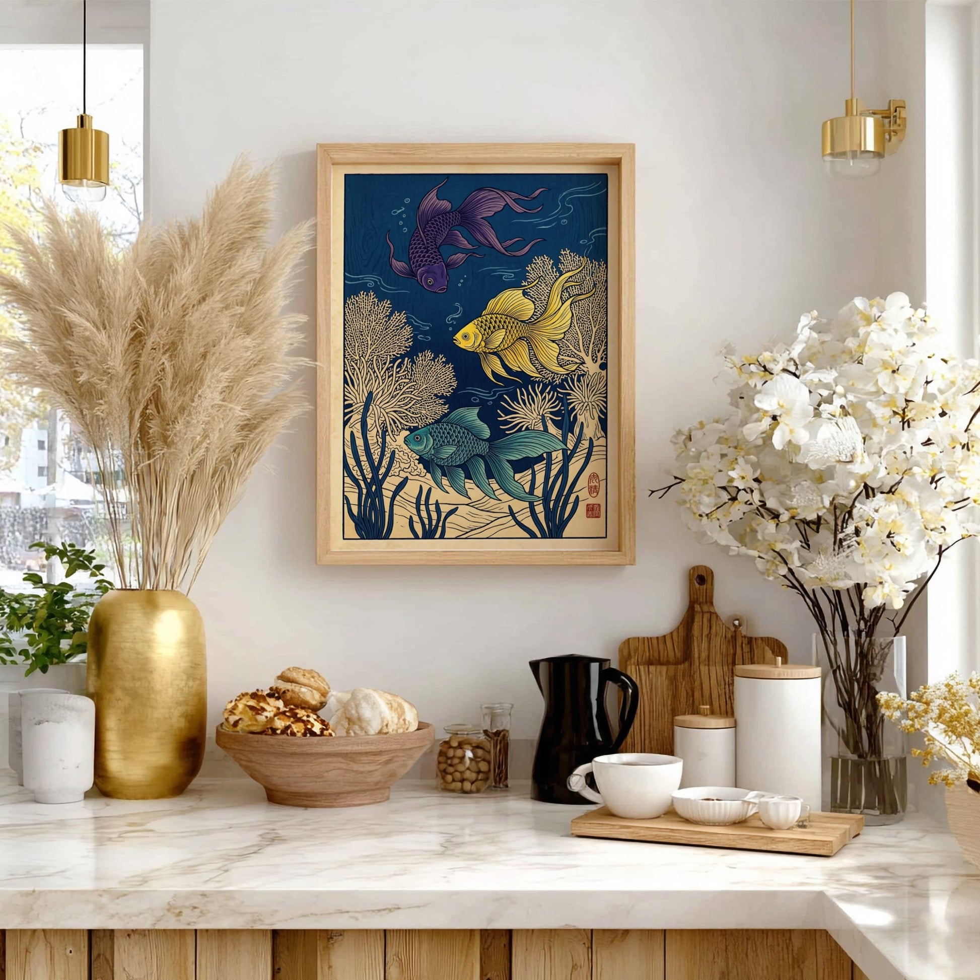 Japanese art style poster featuring tropical fish in vibrant colors and coral designs