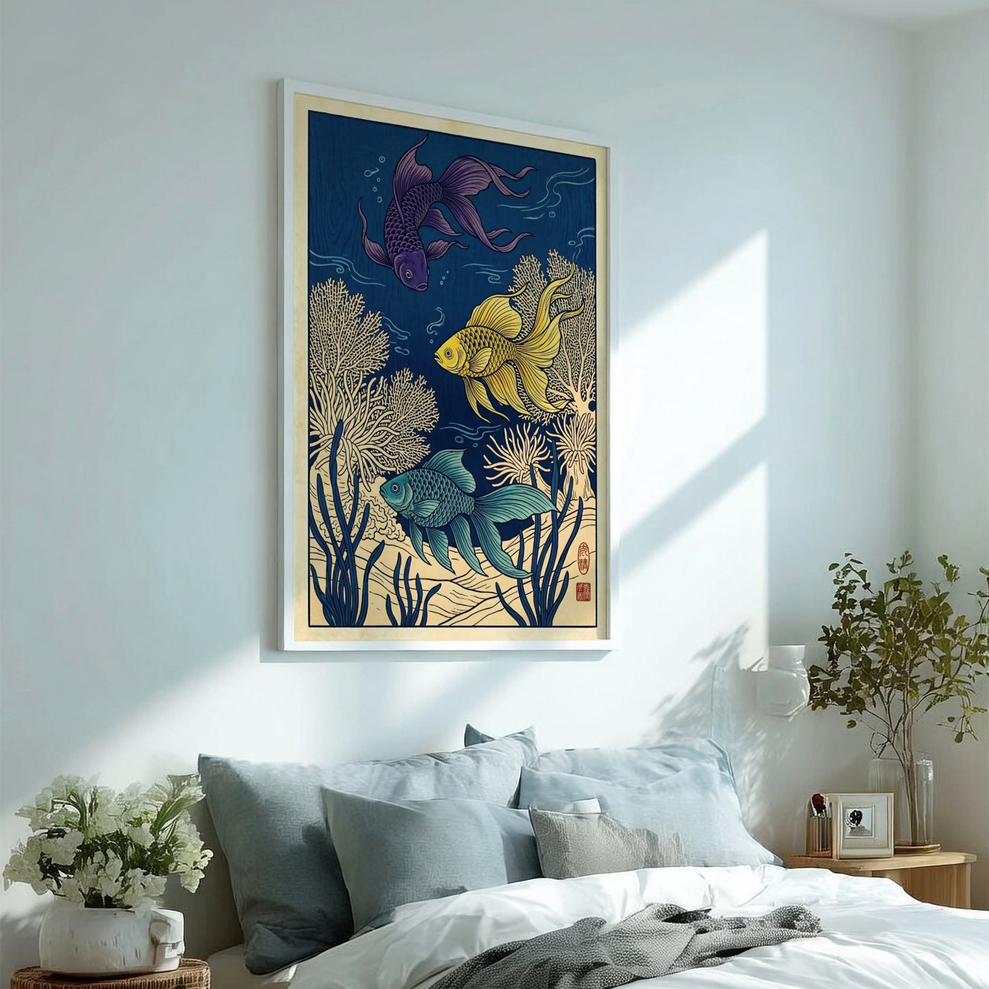 Japanese art style poster featuring tropical fish in vibrant colors and coral designs