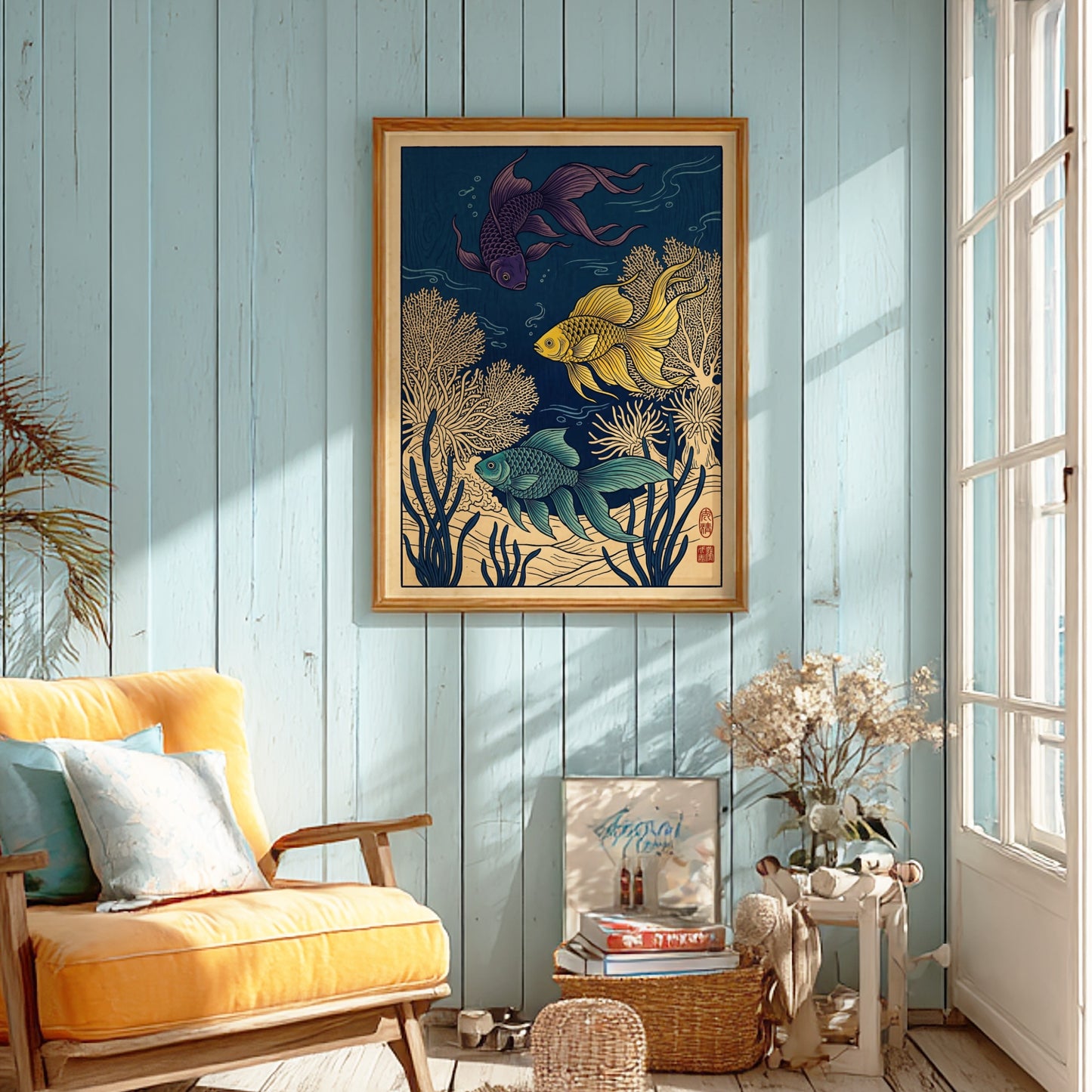 Japanese art style poster featuring tropical fish in vibrant colors and coral designs