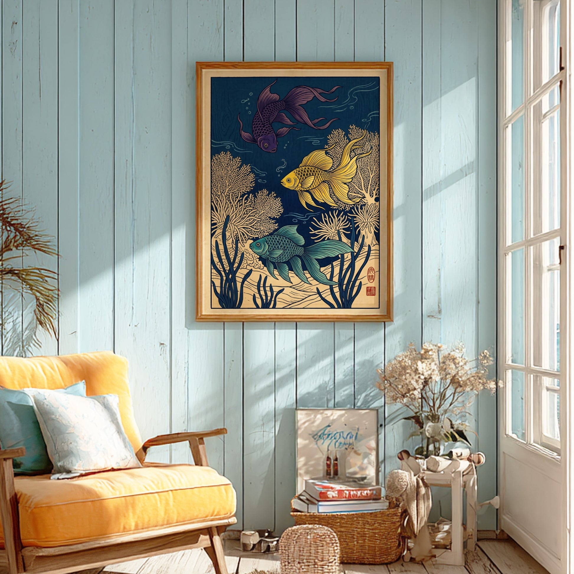 Japanese art style poster featuring tropical fish in vibrant colors and coral designs