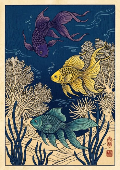 Japanese art style poster featuring tropical fish in vibrant colors and coral designs