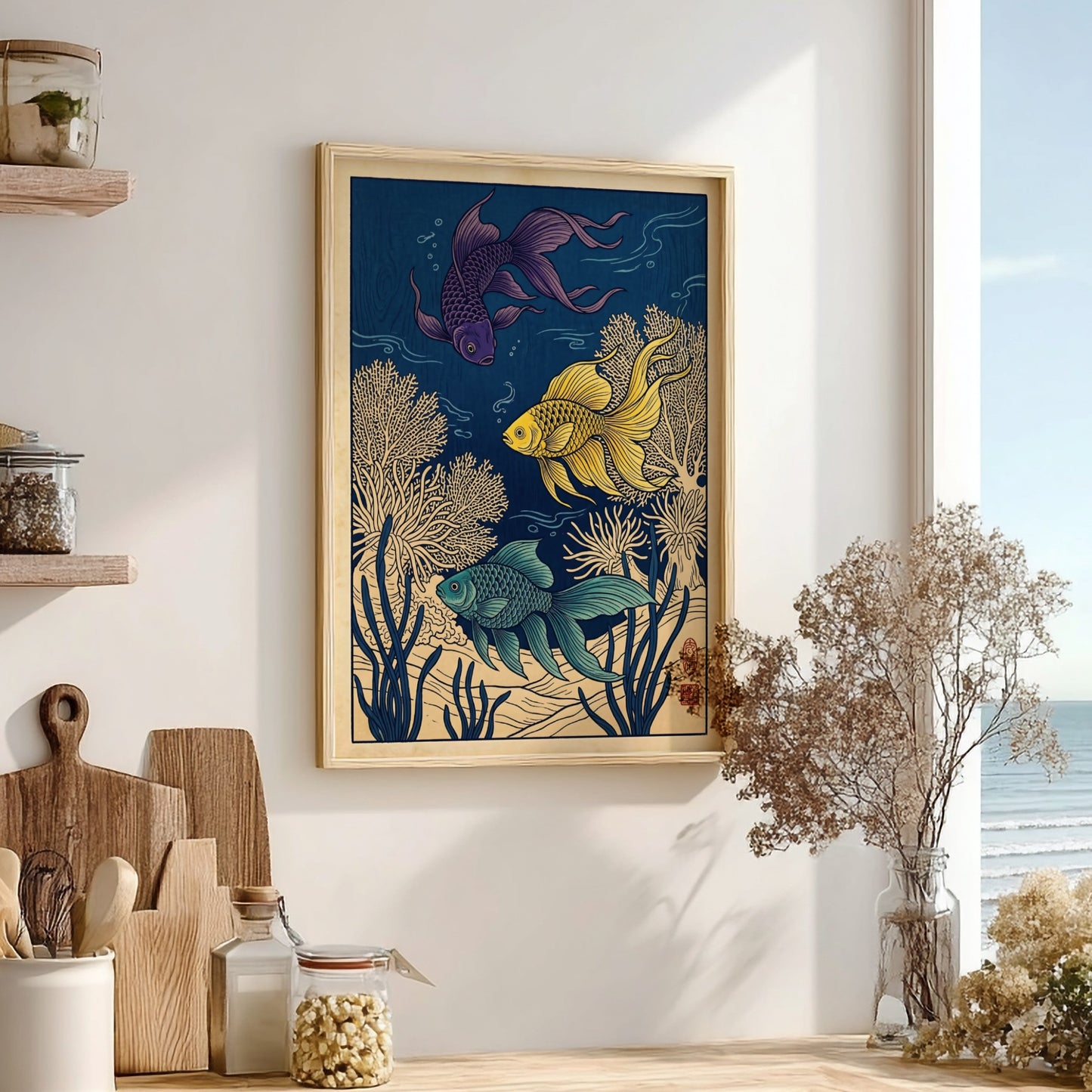 Japanese art style poster featuring tropical fish in vibrant colors and coral designs