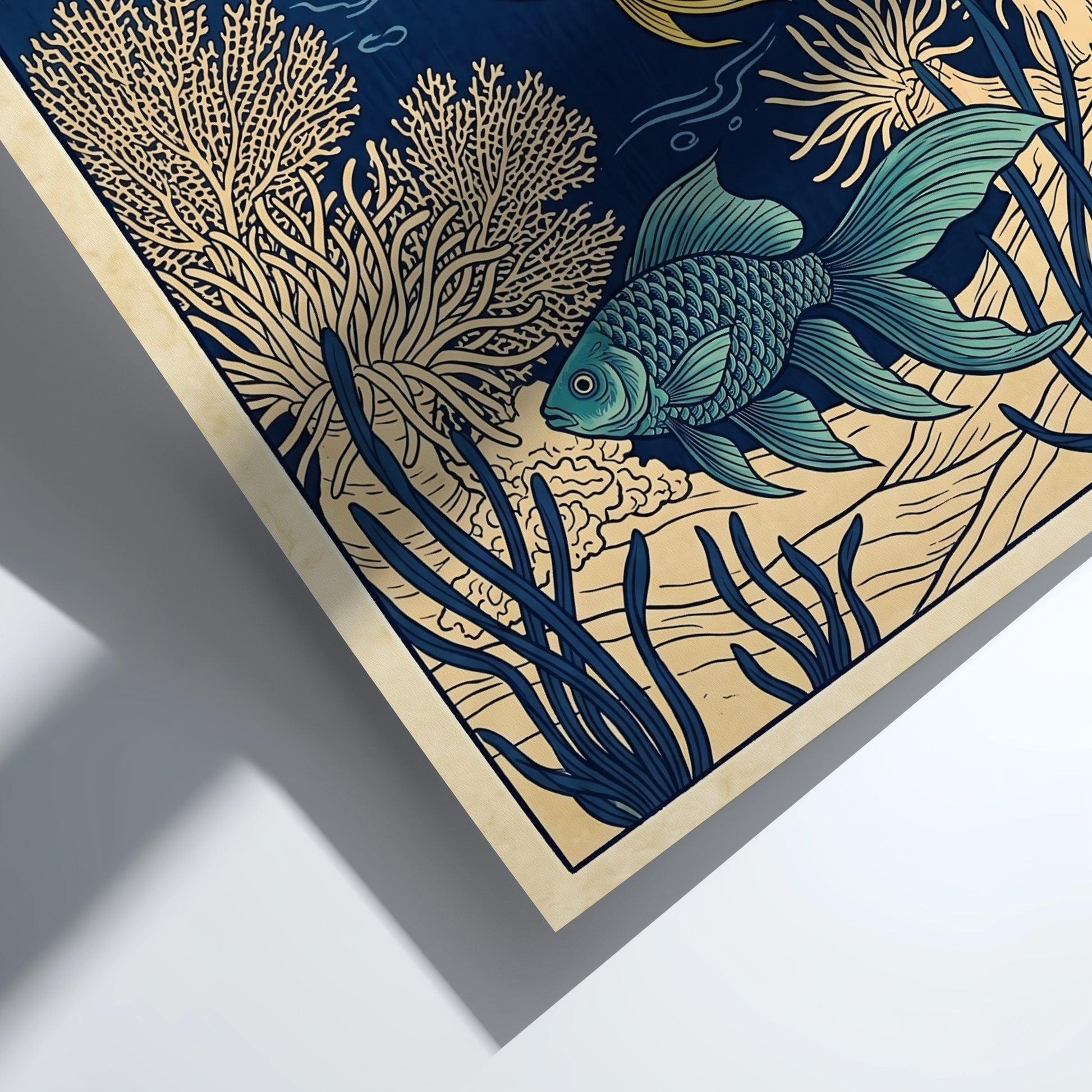 Japanese art style poster featuring tropical fish in vibrant colors and coral designs