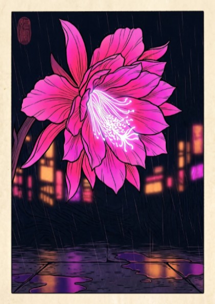 Tropical flower poster featuring vibrant pink colors in Japanese art style with urban backdrop and rain