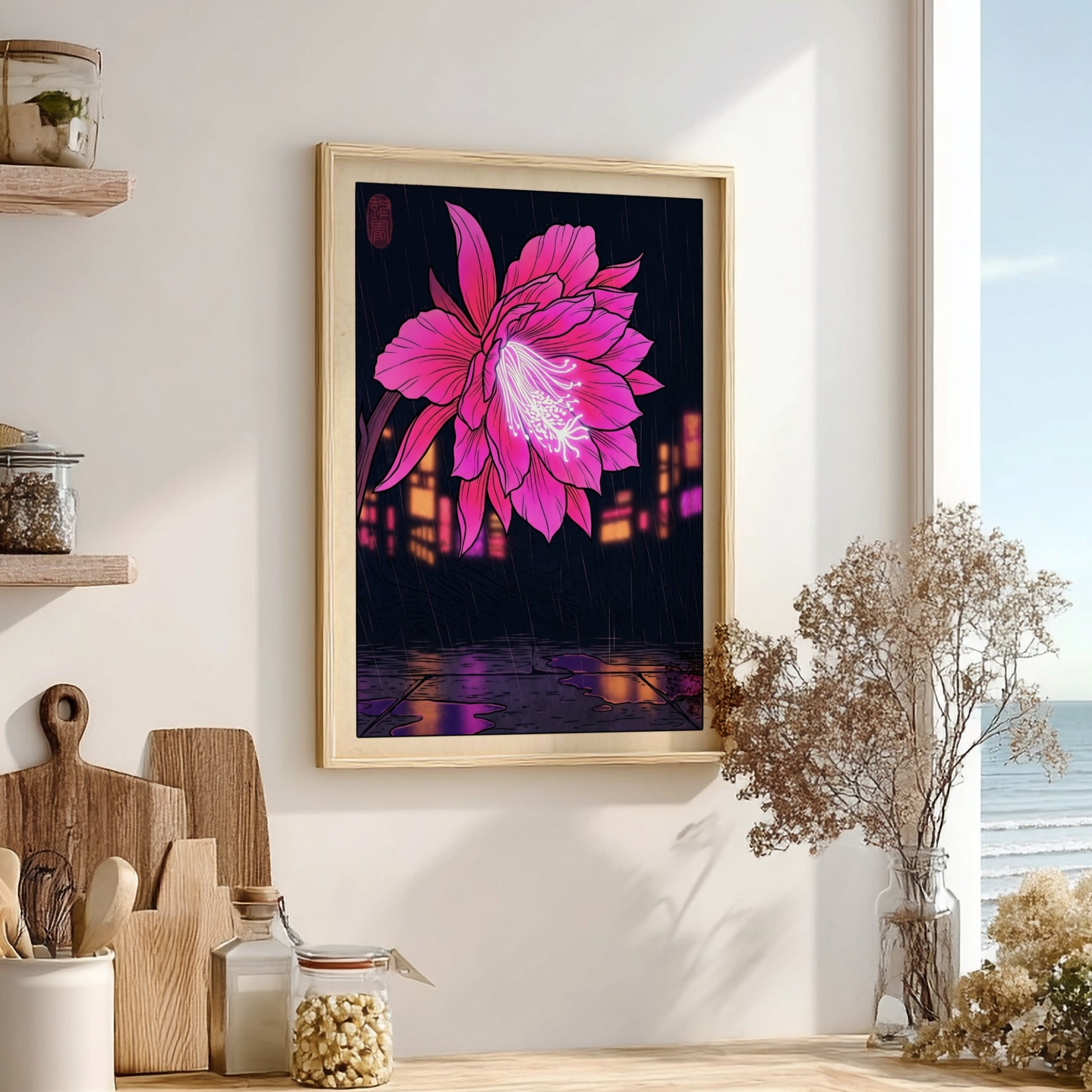 Tropical flower poster featuring vibrant pink colors in Japanese art style with urban backdrop and rain