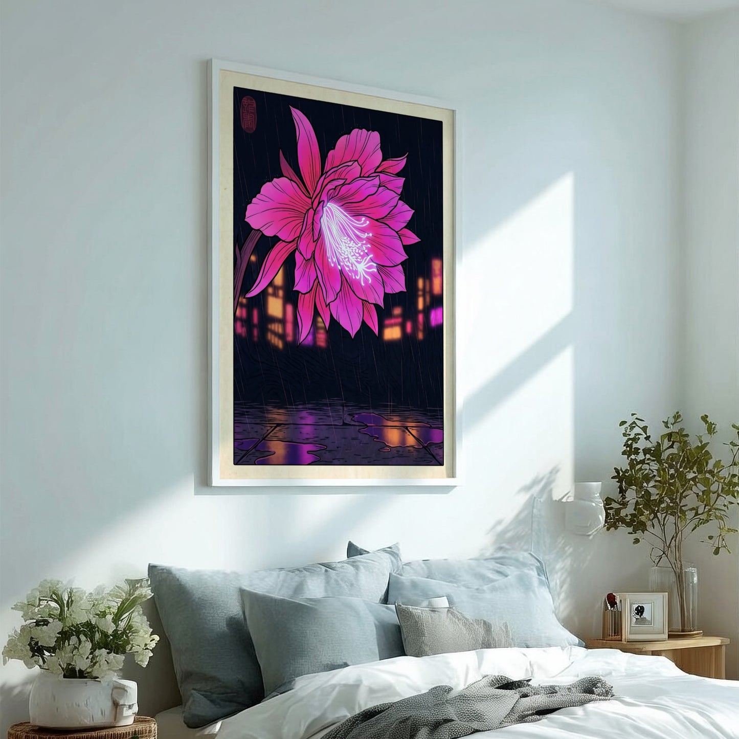 Tropical flower poster featuring vibrant pink colors in Japanese art style with urban backdrop and rain