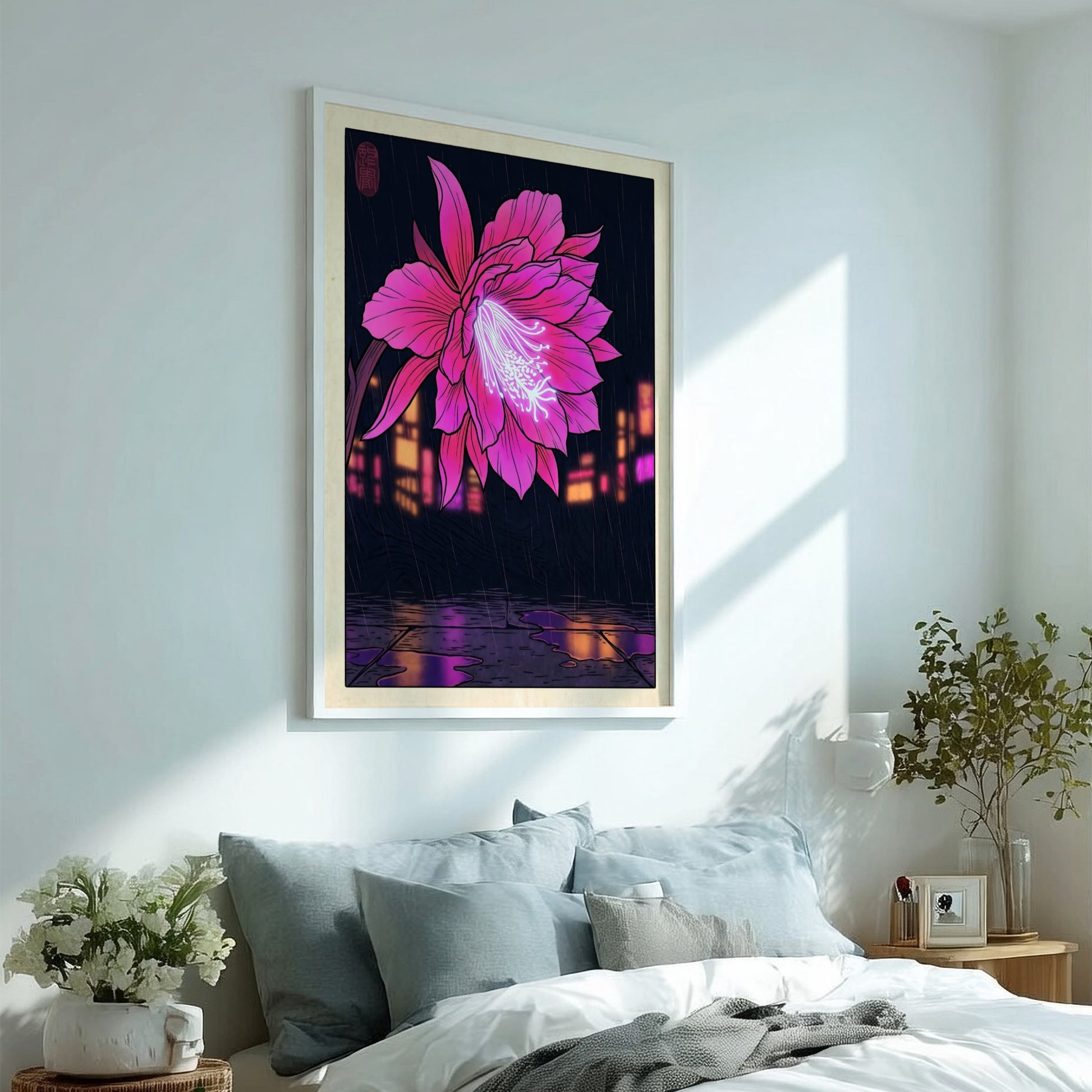 Tropical flower poster featuring vibrant pink colors in Japanese art style with urban backdrop and rain