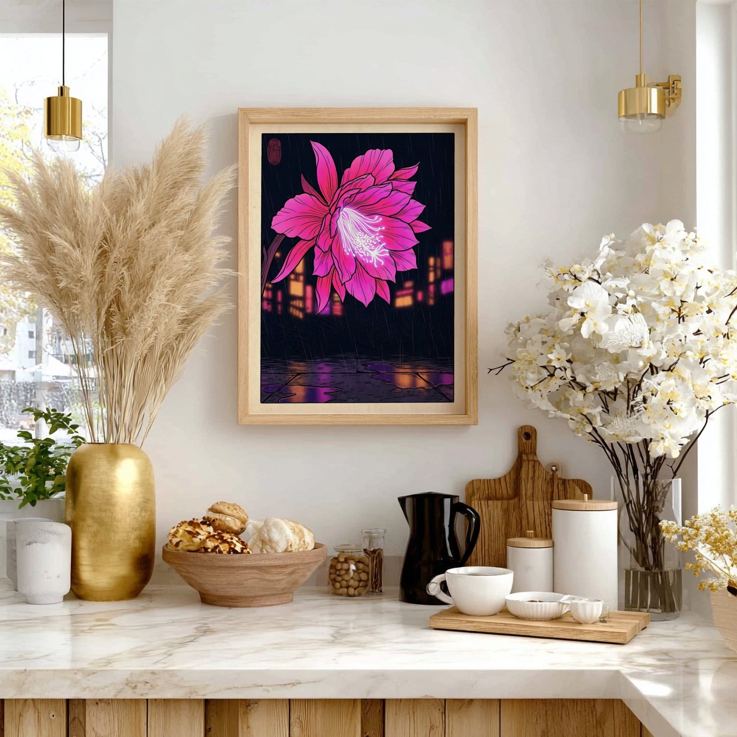 Tropical flower poster featuring vibrant pink colors in Japanese art style with urban backdrop and rain