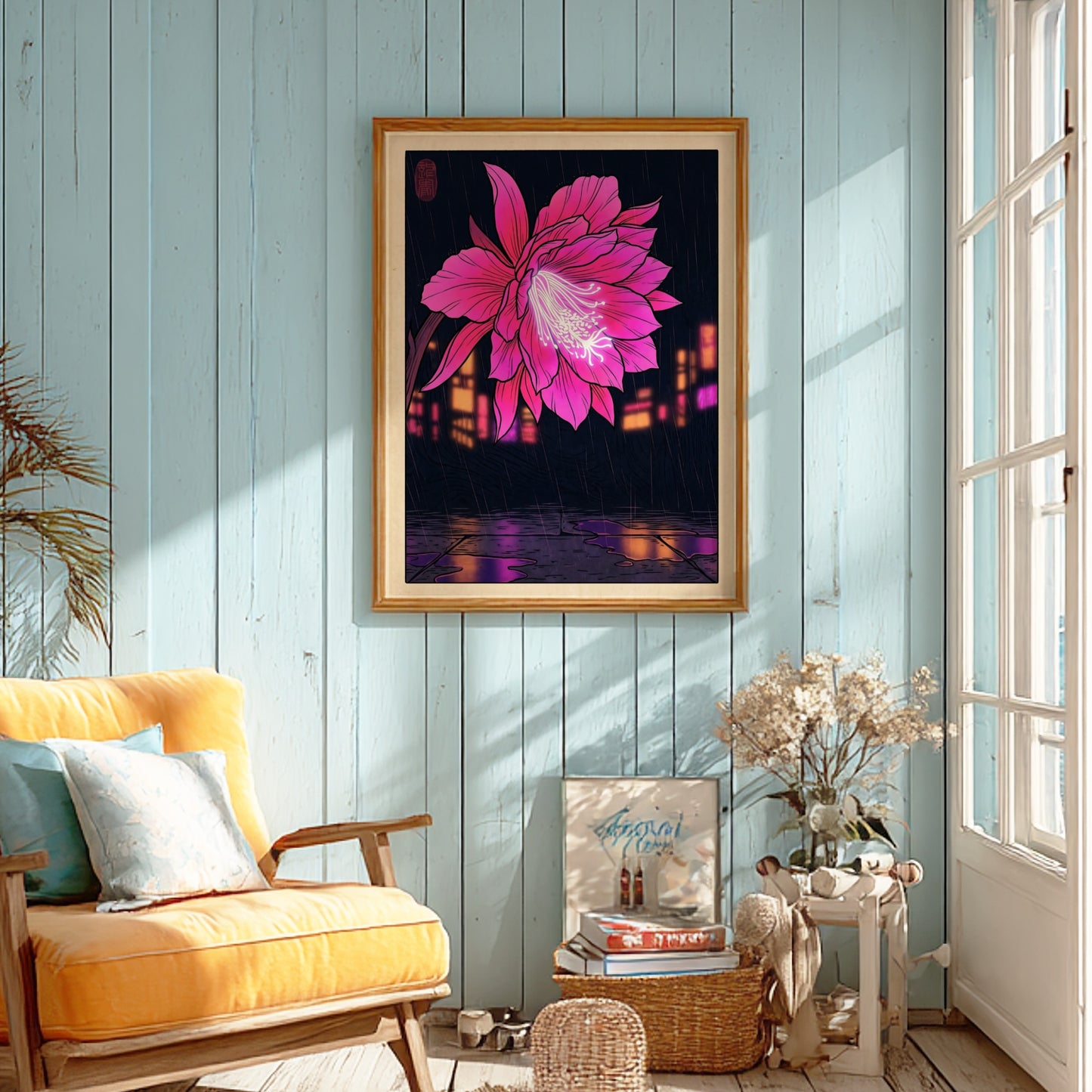 Tropical flower poster featuring vibrant pink colors in Japanese art style with urban backdrop and rain