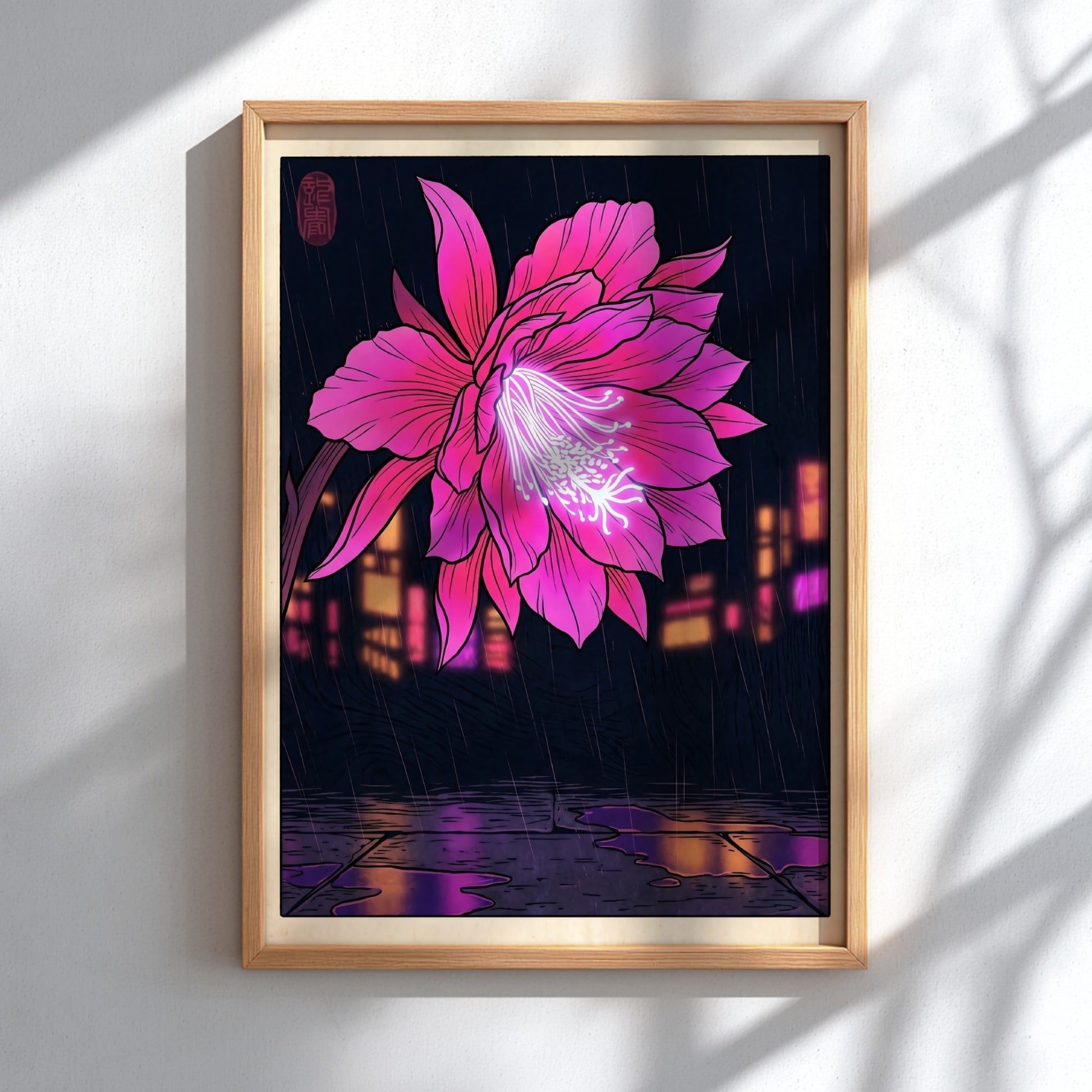 Tropical flower poster featuring vibrant pink colors in Japanese art style with urban backdrop and rain
