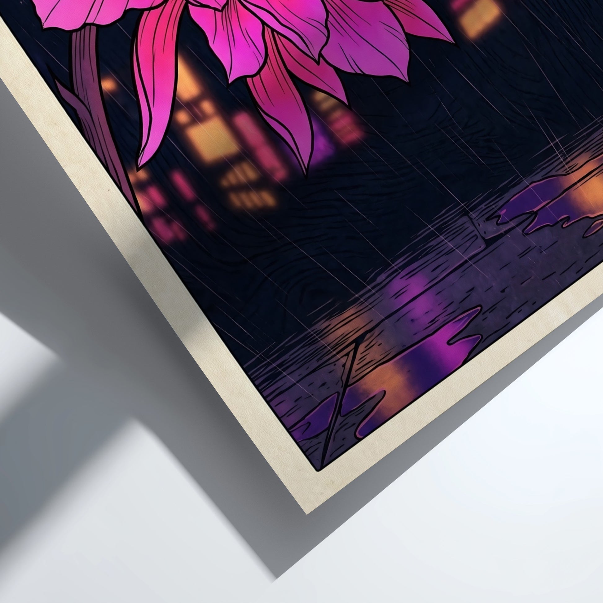 Tropical flower poster featuring vibrant pink colors in Japanese art style with urban backdrop and rain