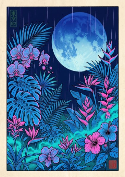 Tropical garden moon poster featuring vibrant flowers and lush foliage in Japanese art style