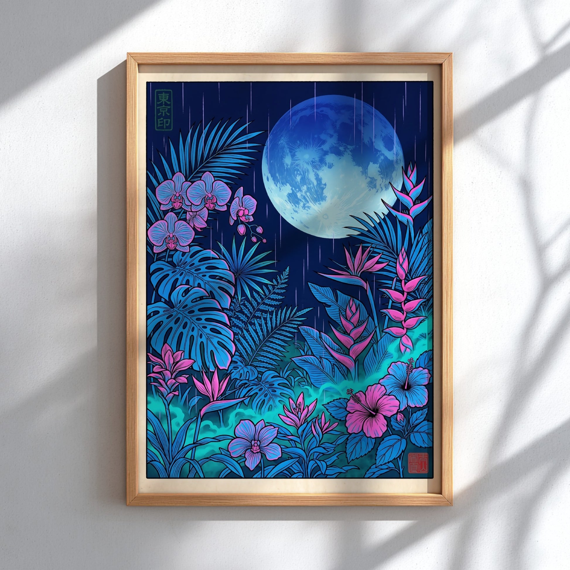 Tropical garden moon poster featuring vibrant flowers and lush foliage in Japanese art style