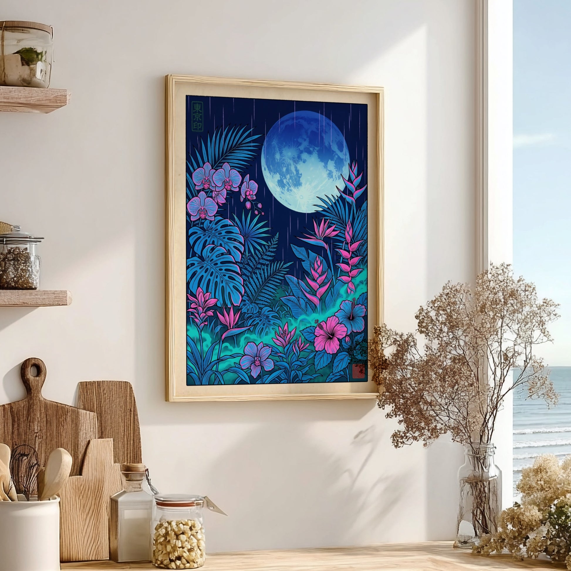 Tropical garden moon poster featuring vibrant flowers and lush foliage in Japanese art style