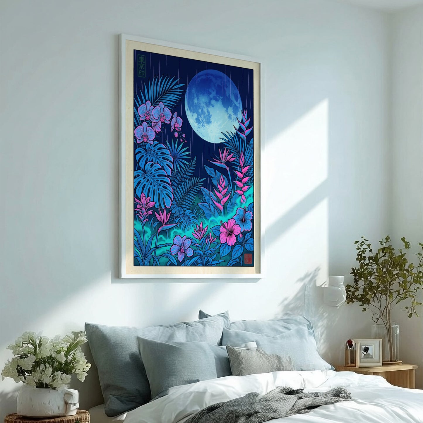 Tropical garden moon poster featuring vibrant flowers and lush foliage in Japanese art style