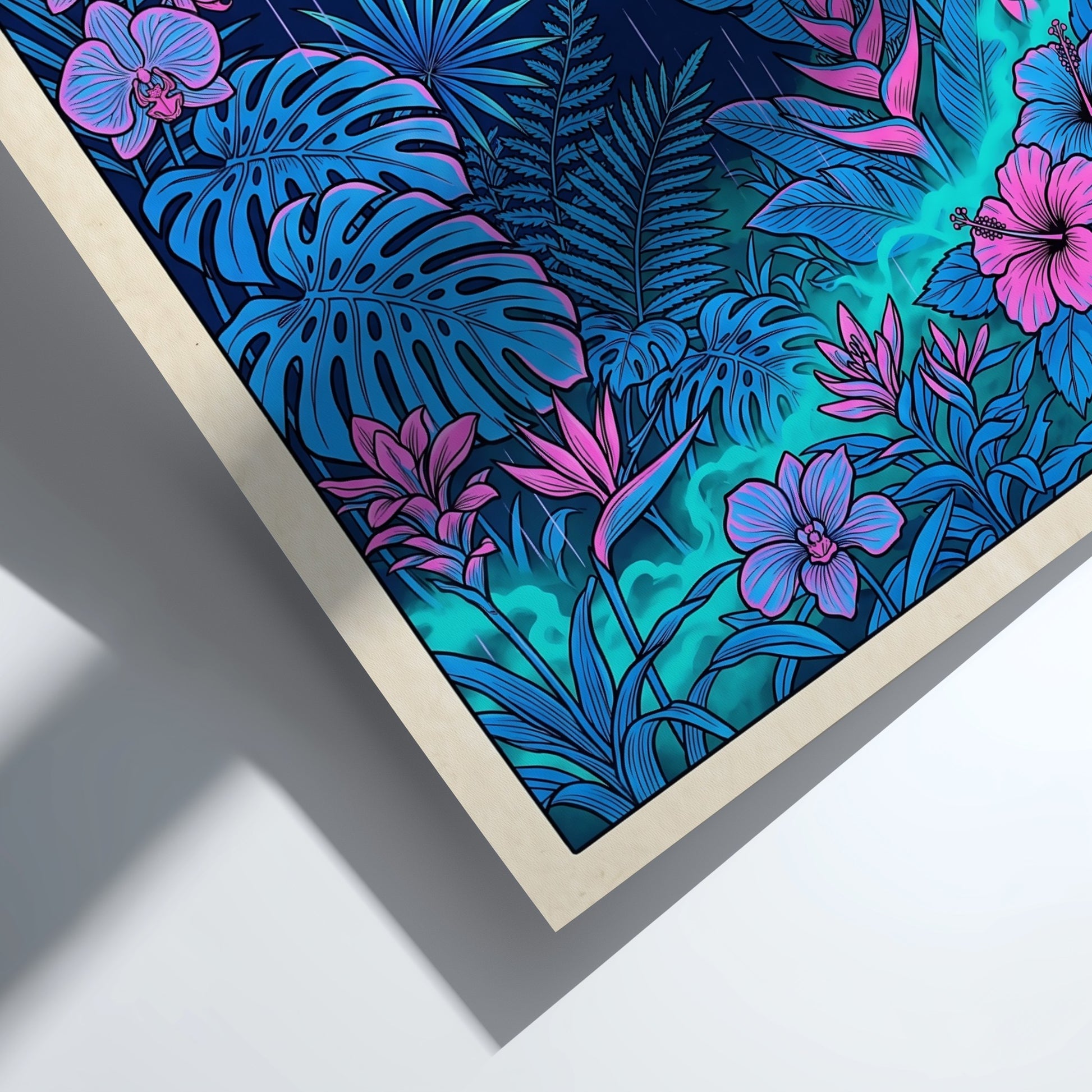 Tropical garden moon poster featuring vibrant flowers and lush foliage in Japanese art style