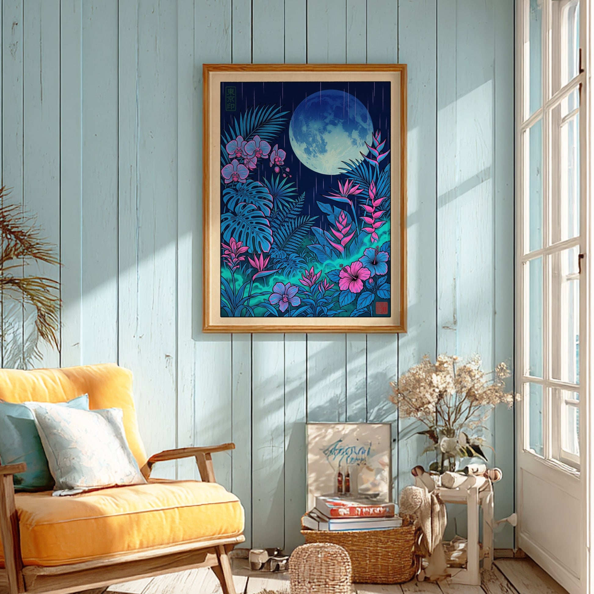 Tropical garden moon poster featuring vibrant flowers and lush foliage in Japanese art style