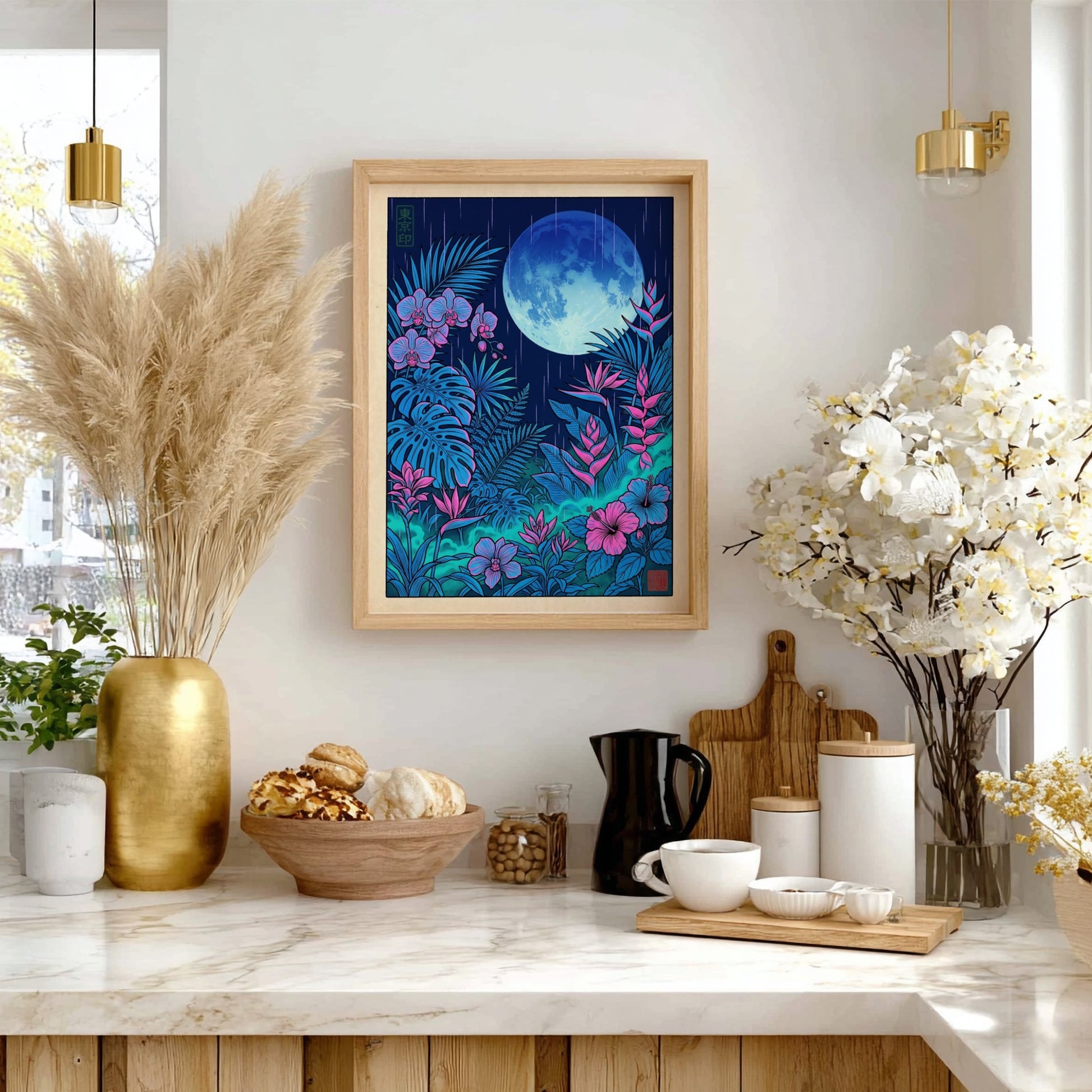 Tropical garden moon poster featuring vibrant flowers and lush foliage in Japanese art style