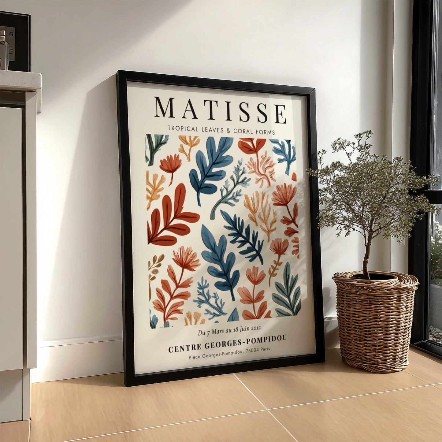 Tropical leaves poster inspired by Matisse, featuring vibrant colors and abstract forms for home decor.