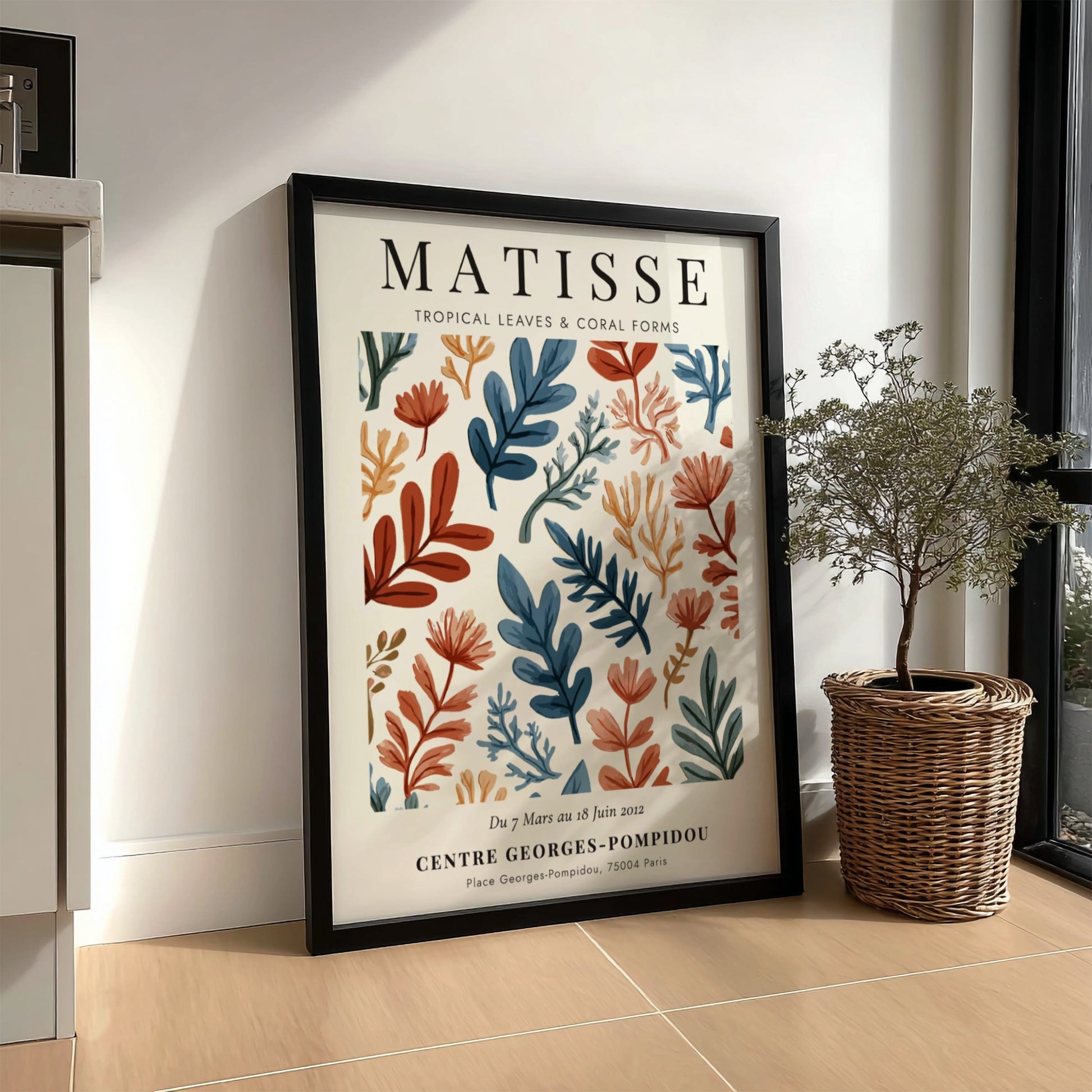 Tropical leaves poster inspired by Matisse, featuring vibrant colors and abstract forms for home decor.