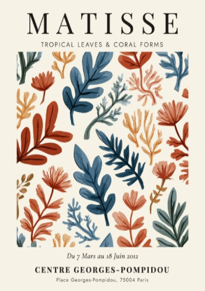 Tropical leaves poster inspired by Matisse, featuring vibrant colors and abstract forms for home decor.