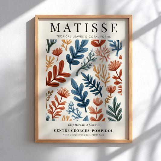 Tropical leaves poster inspired by Matisse, featuring vibrant colors and abstract forms for home decor.
