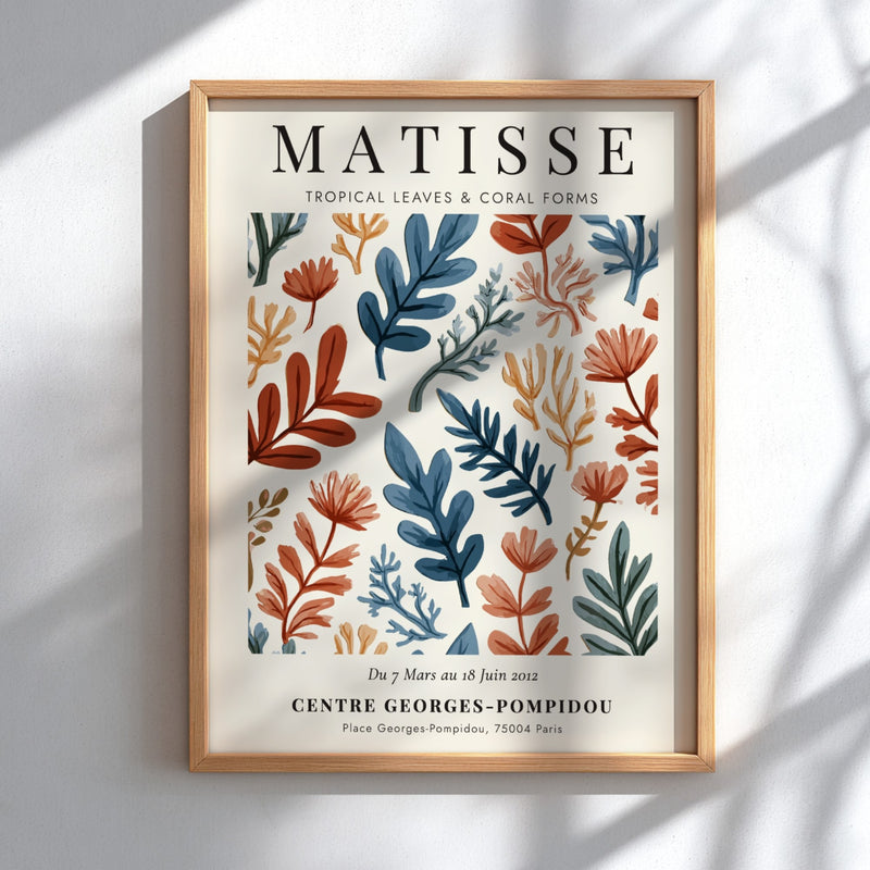 Tropical leaves poster inspired by Matisse, featuring vibrant colors and abstract forms for home decor.