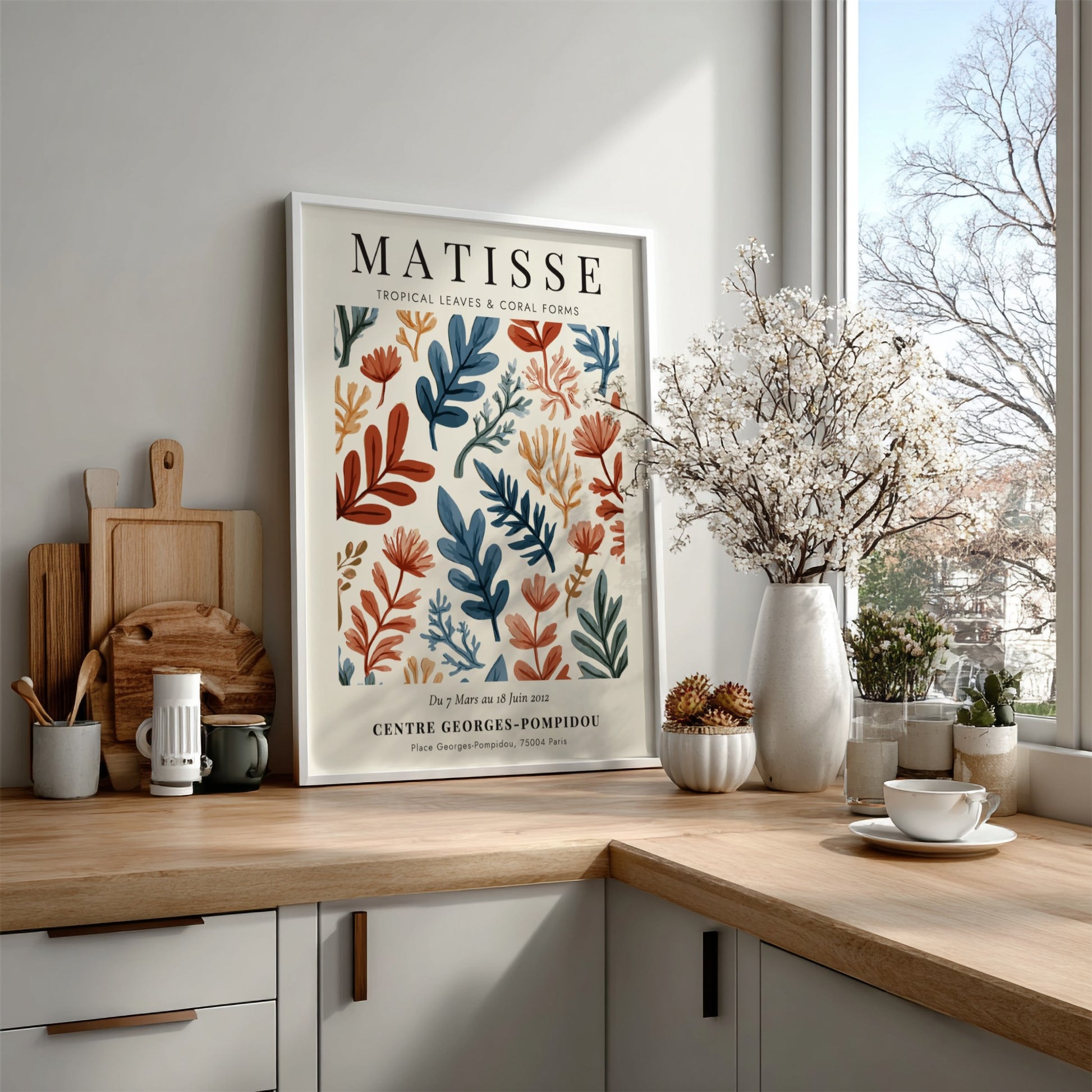 Tropical leaves poster inspired by Matisse, featuring vibrant colors and abstract forms for home decor.