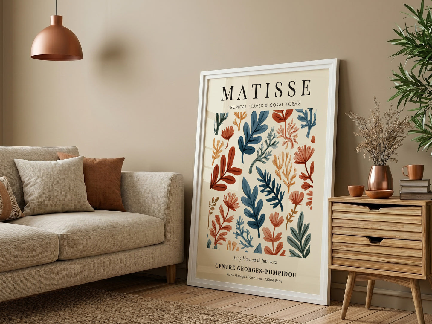 Tropical leaves poster inspired by Matisse, featuring vibrant colors and abstract forms for home decor.
