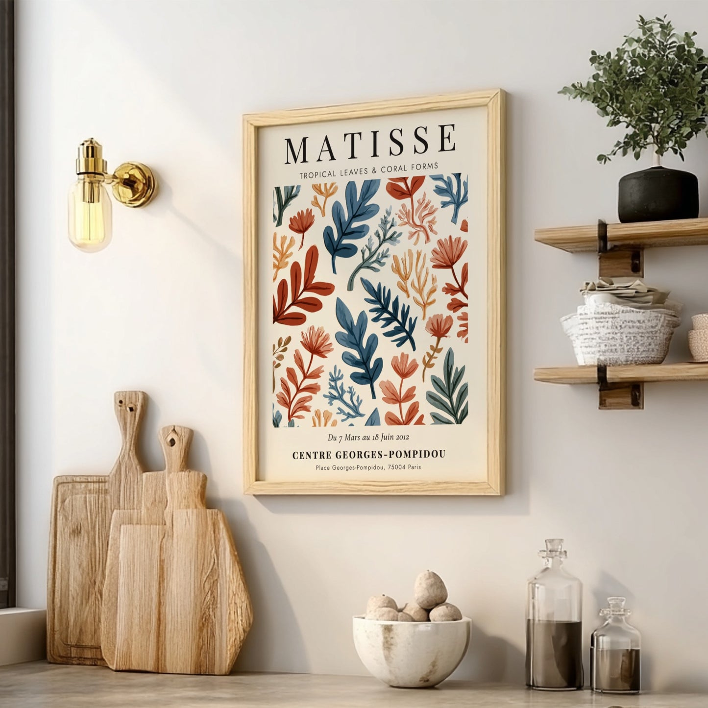 Tropical leaves poster inspired by Matisse, featuring vibrant colors and abstract forms for home decor.