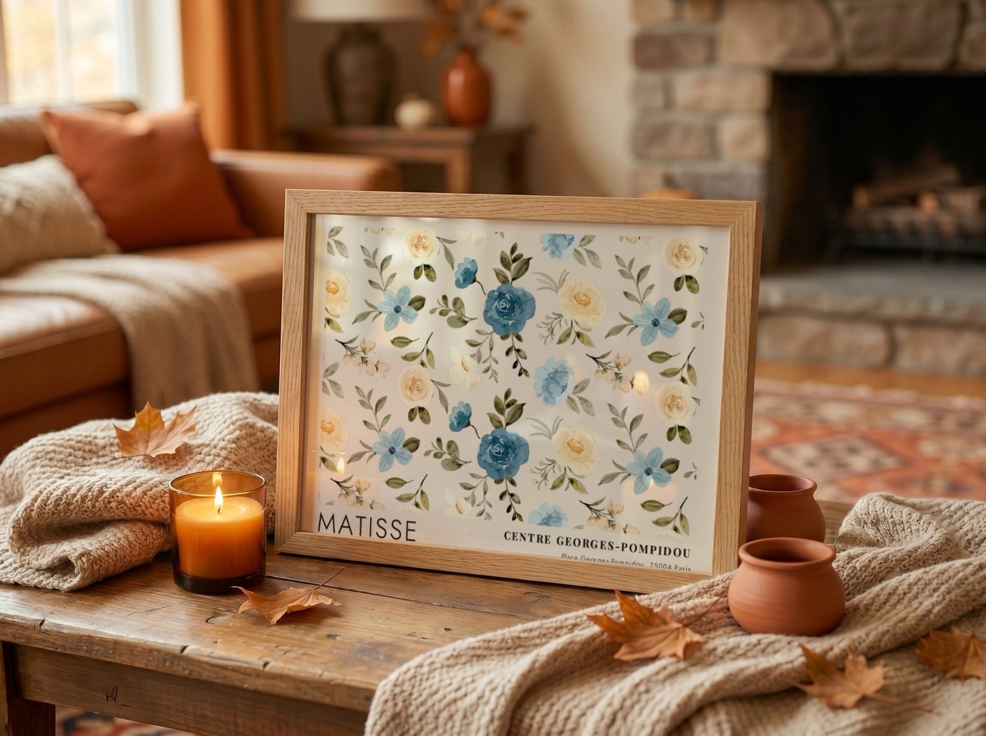 Henri Matisse poster featuring tropical leaves and coral forms in soft blues and coral tones
