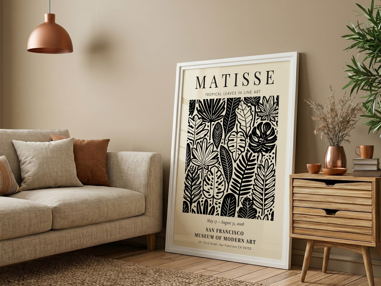 Tropical leaves poster featuring Henri Matisse's line art style in black and white, perfect for modern decor.