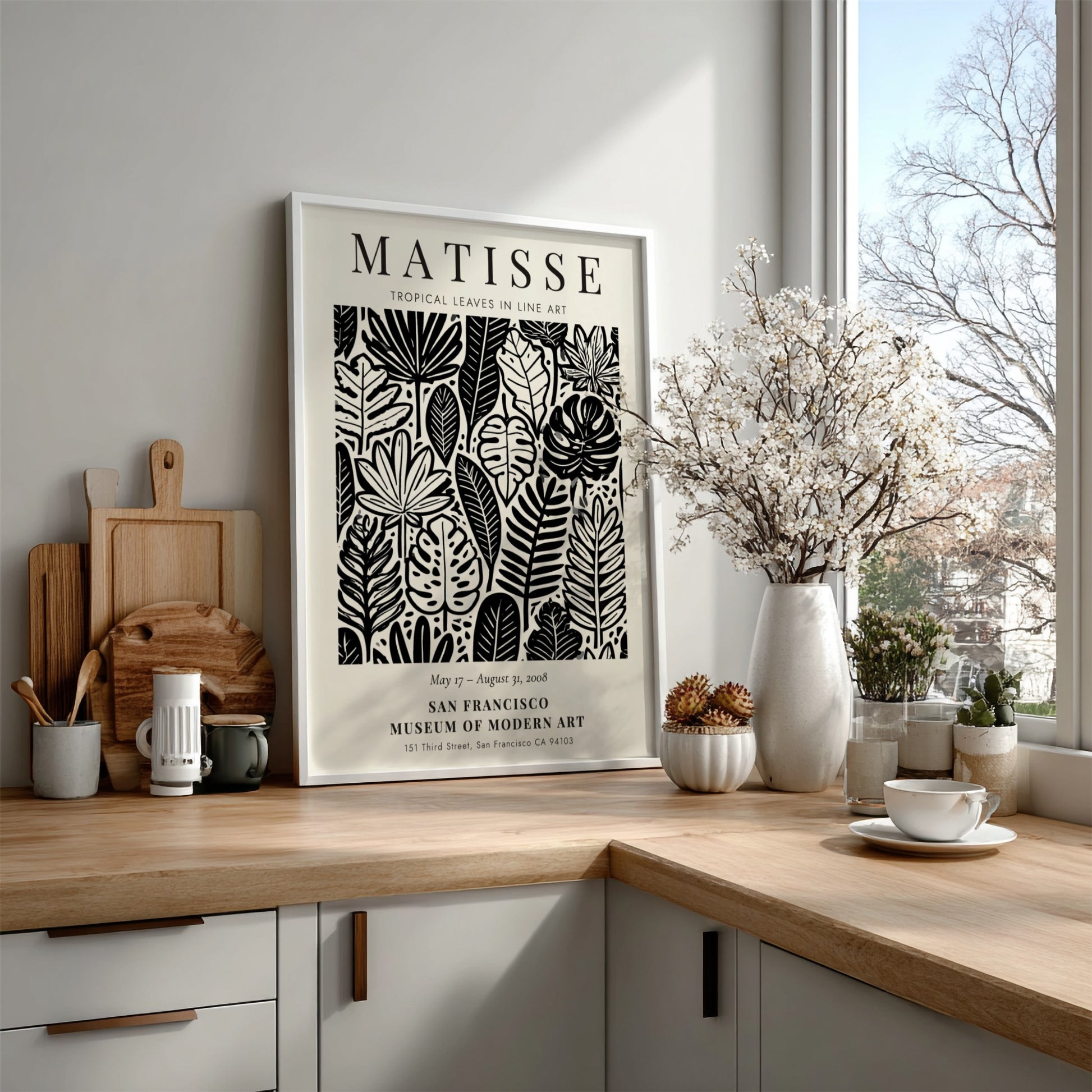Tropical leaves poster featuring Henri Matisse's line art style in black and white, perfect for modern decor.