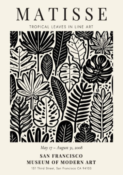 Tropical leaves poster featuring Henri Matisse's line art style in black and white, perfect for modern decor.