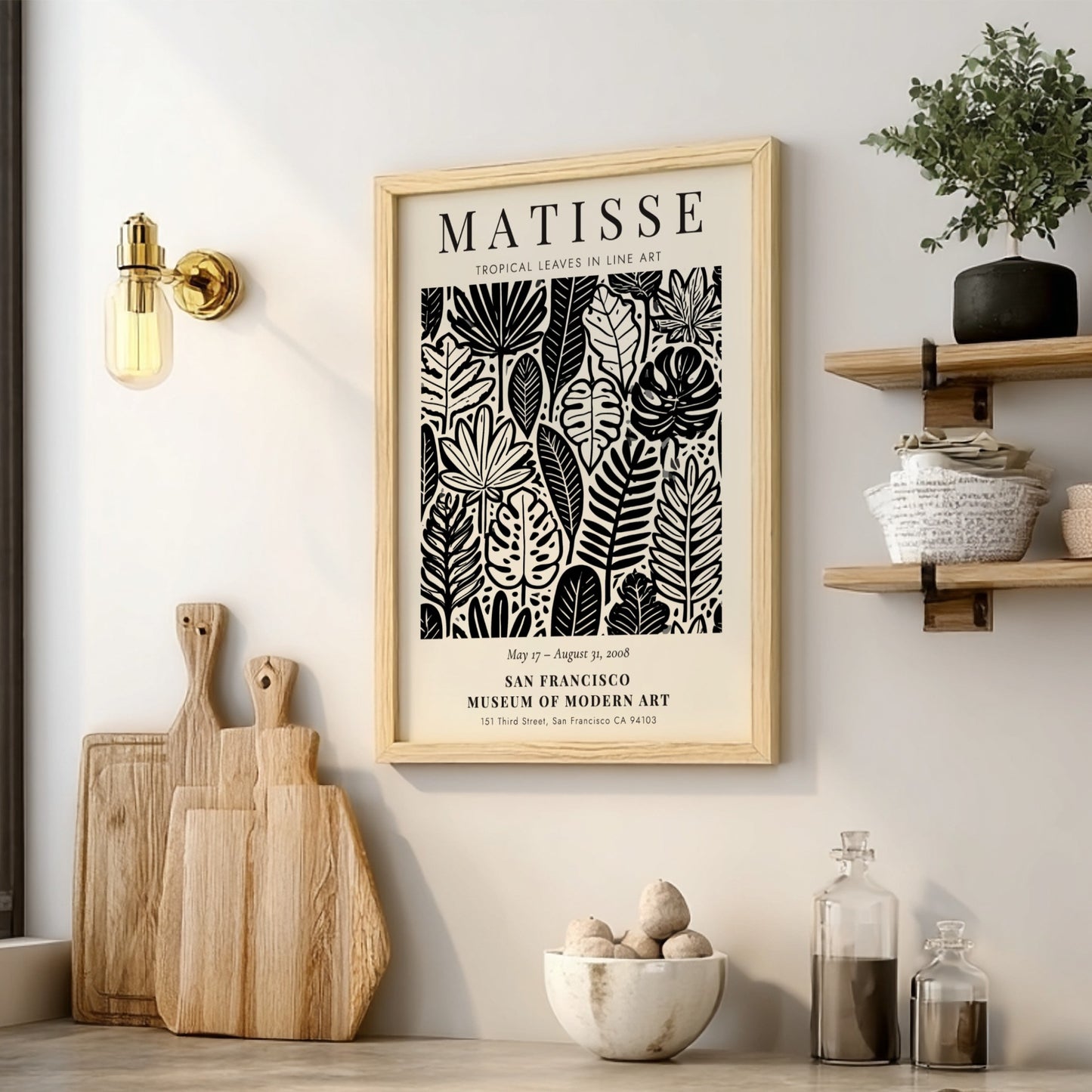 Tropical leaves poster featuring Henri Matisse's line art style in black and white, perfect for modern decor.