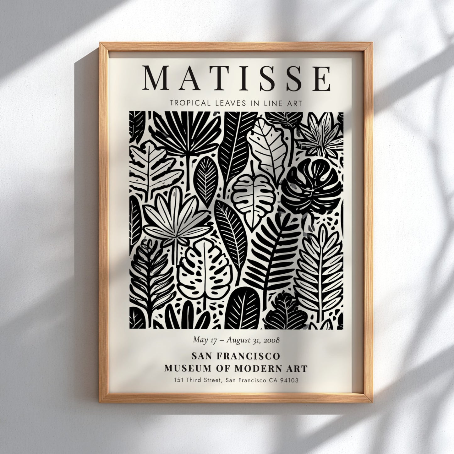 Tropical leaves poster featuring Henri Matisse's line art style in black and white, perfect for modern decor.