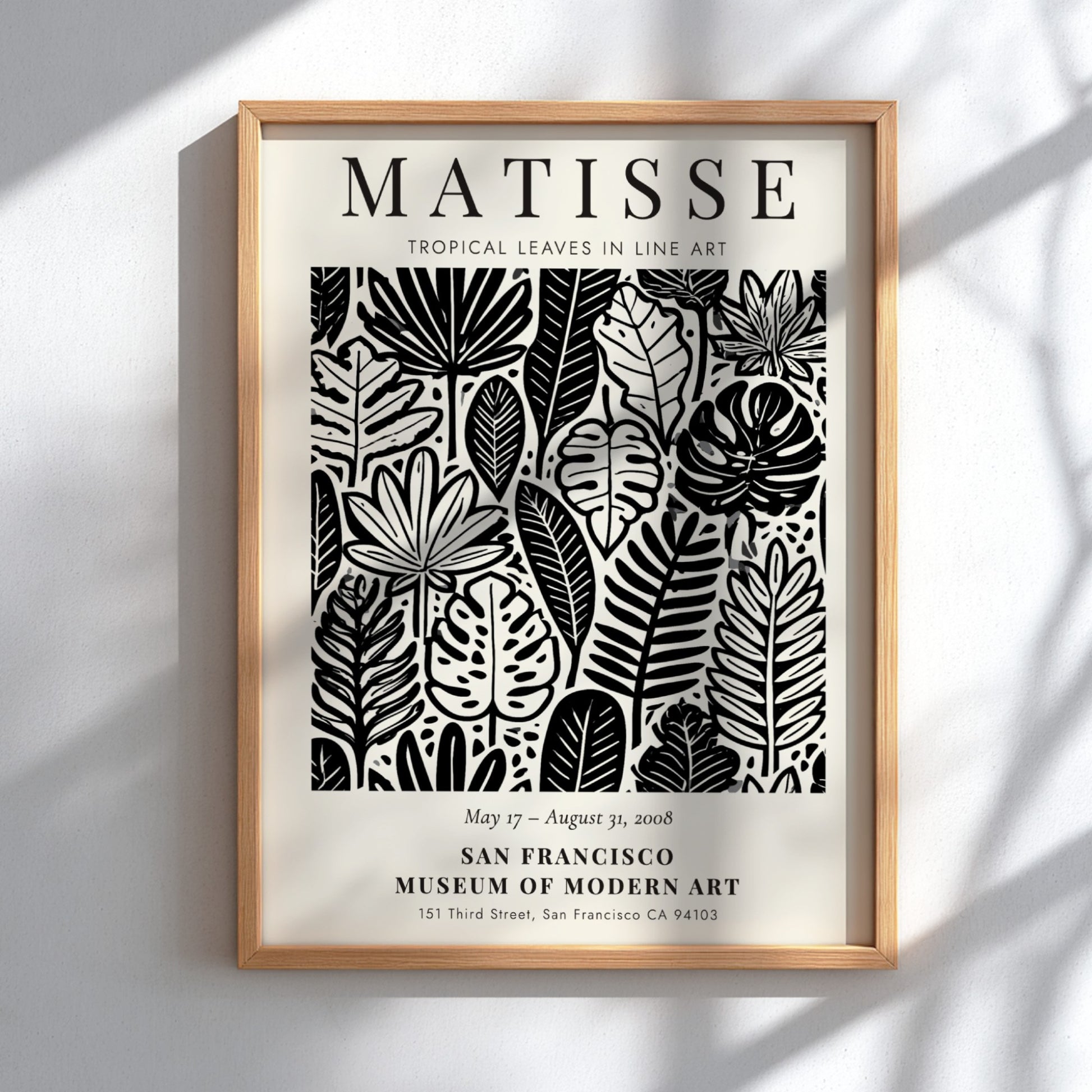 Tropical leaves poster featuring Henri Matisse's line art style in black and white, perfect for modern decor.