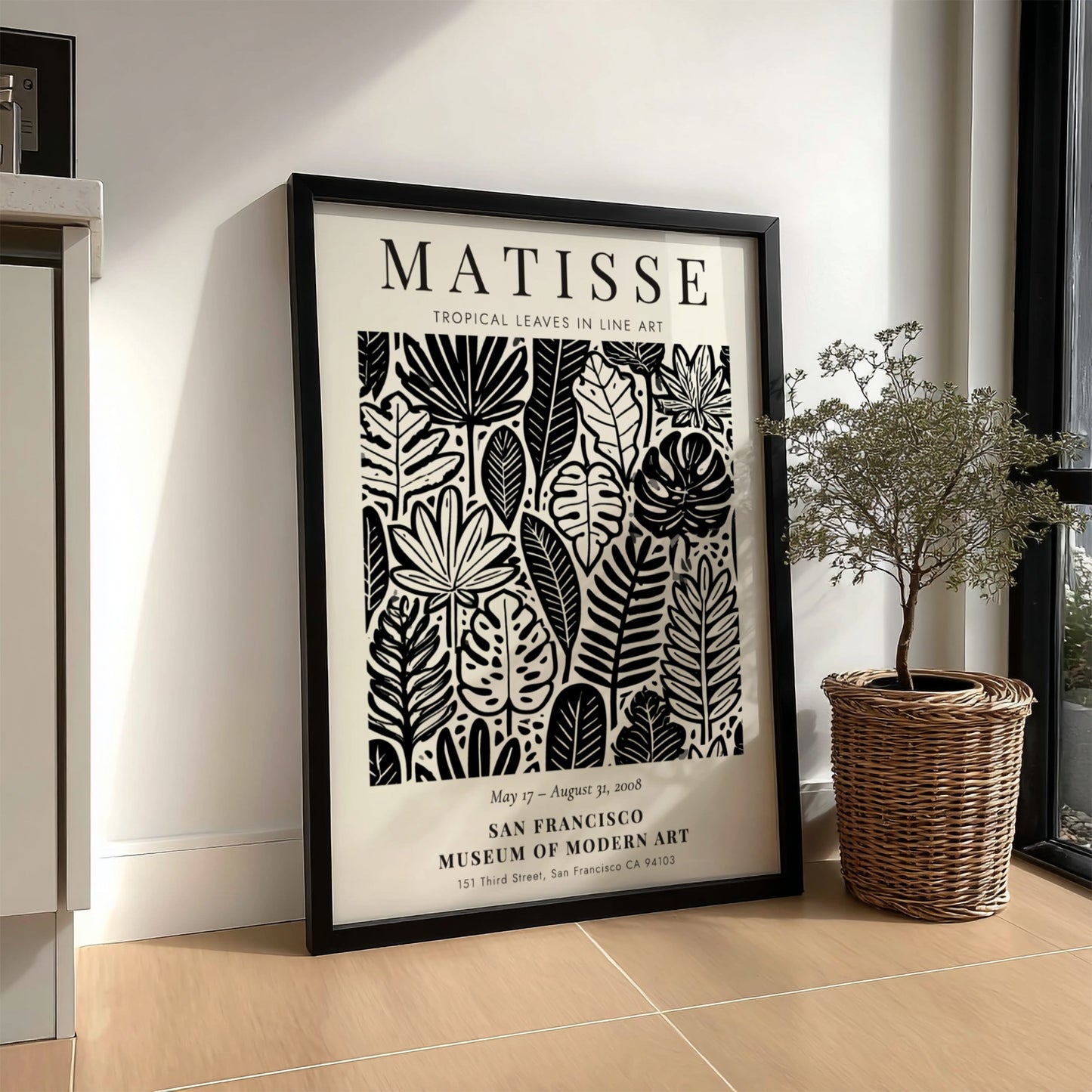 Tropical leaves poster featuring Henri Matisse's line art style in black and white, perfect for modern decor.